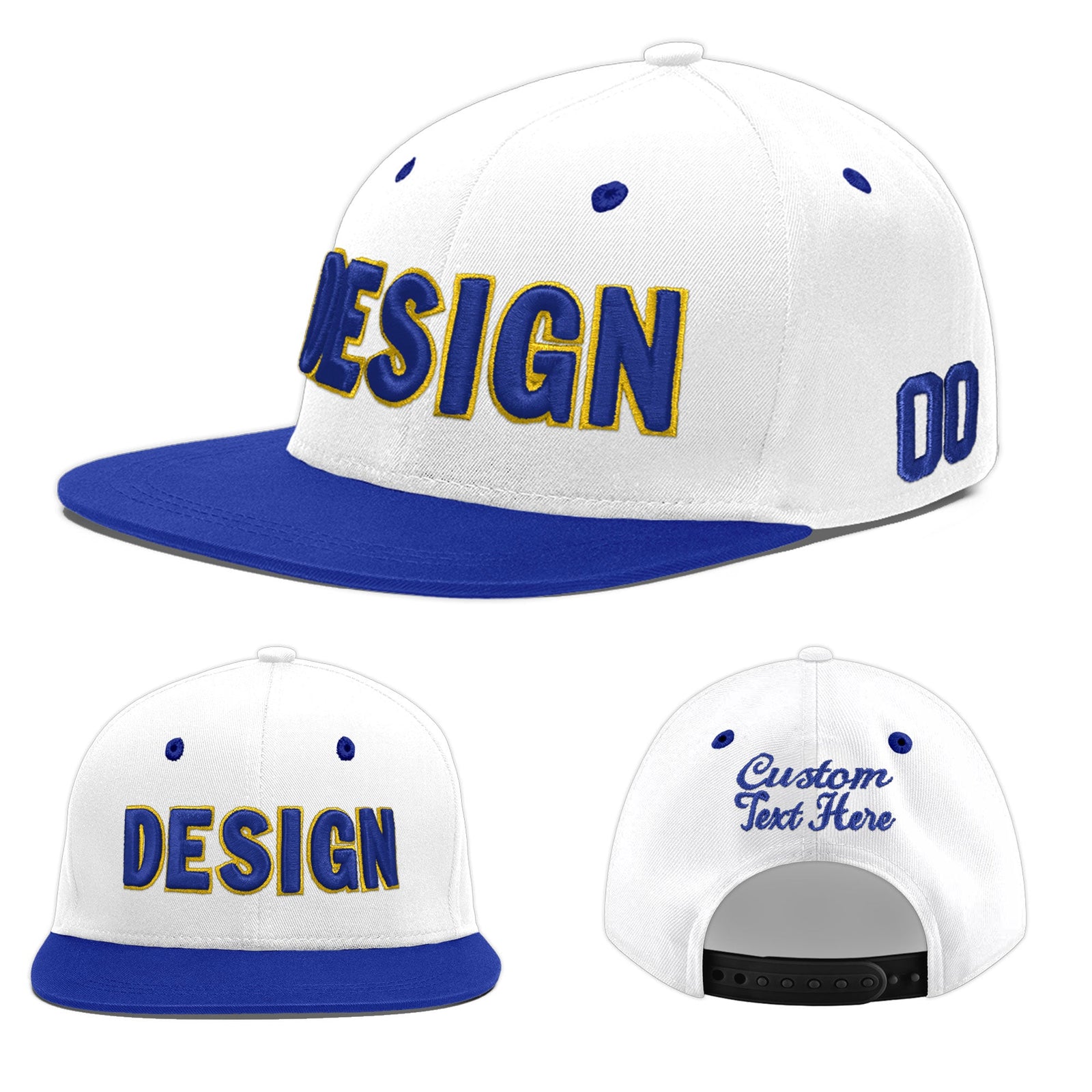 Custom White Royal Blue 52D Puff Embroidery Flat Embroidery Casual Sport Baseball Cap