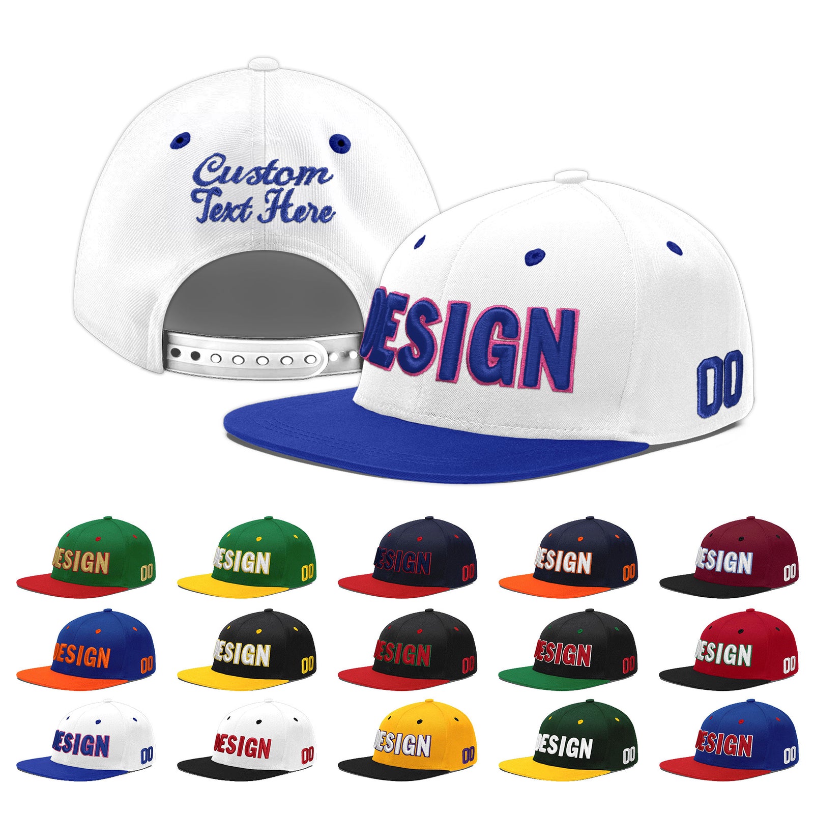 Custom White Royal Blue 75D Puff Embroidery Flat Embroidery Casual Sport Baseball Cap