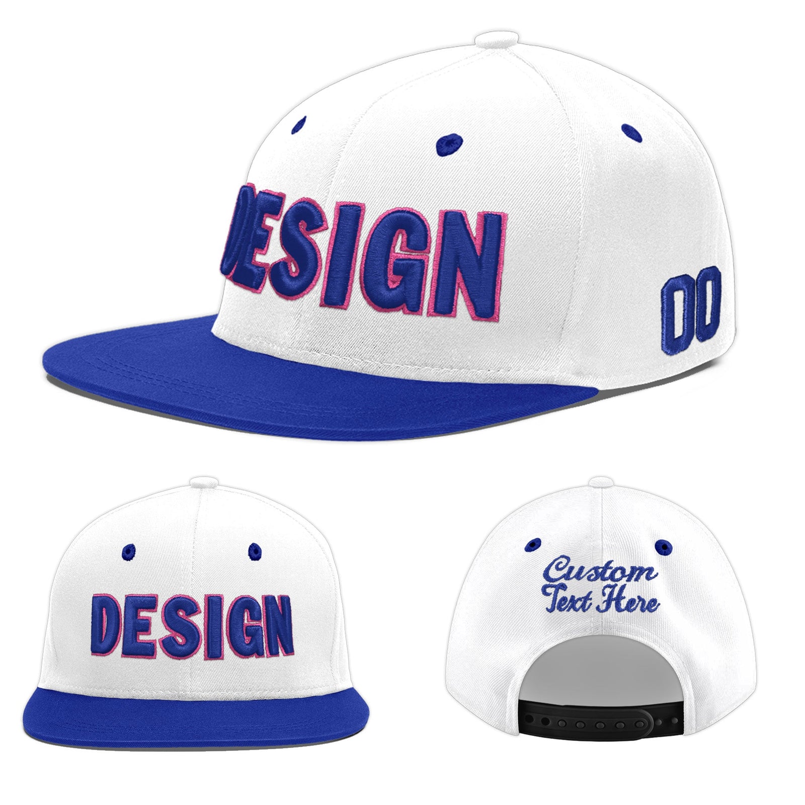 Custom White Royal Blue 76D Puff Embroidery Flat Embroidery Casual Sport Baseball Cap