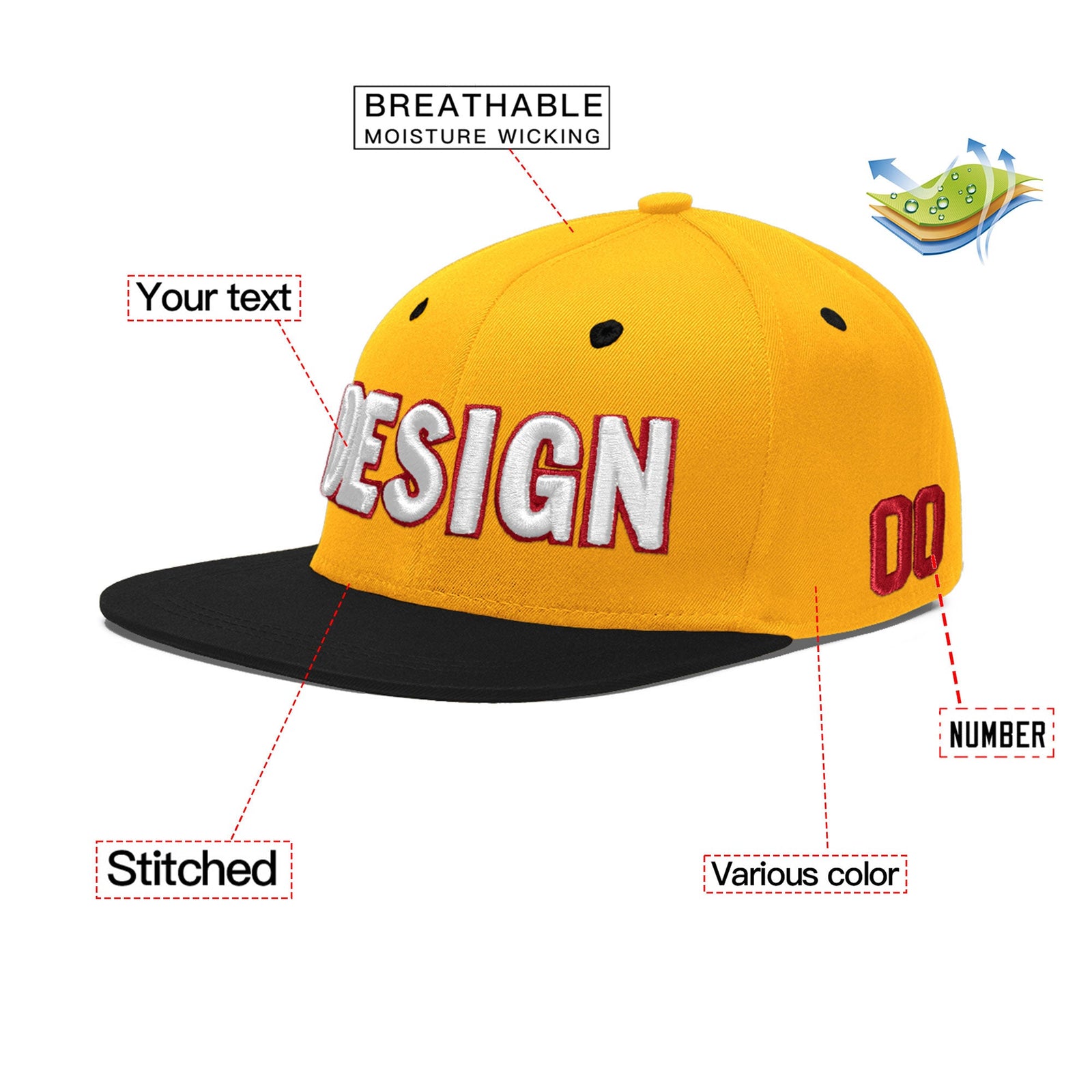Custom Gold Black 3D Puff Embroidery Flat Embroidery Casual Sport Baseball Cap