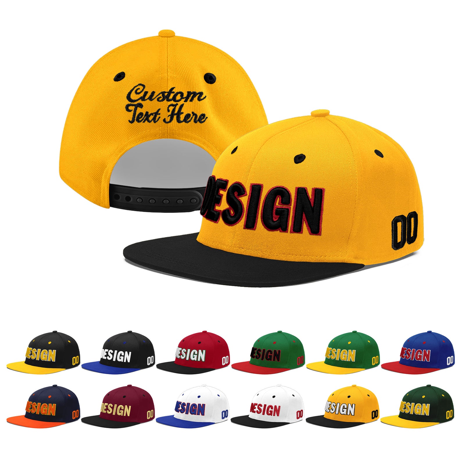 Custom Gold Black 43D Puff Embroidery Flat Embroidery Casual Sport Baseball Cap