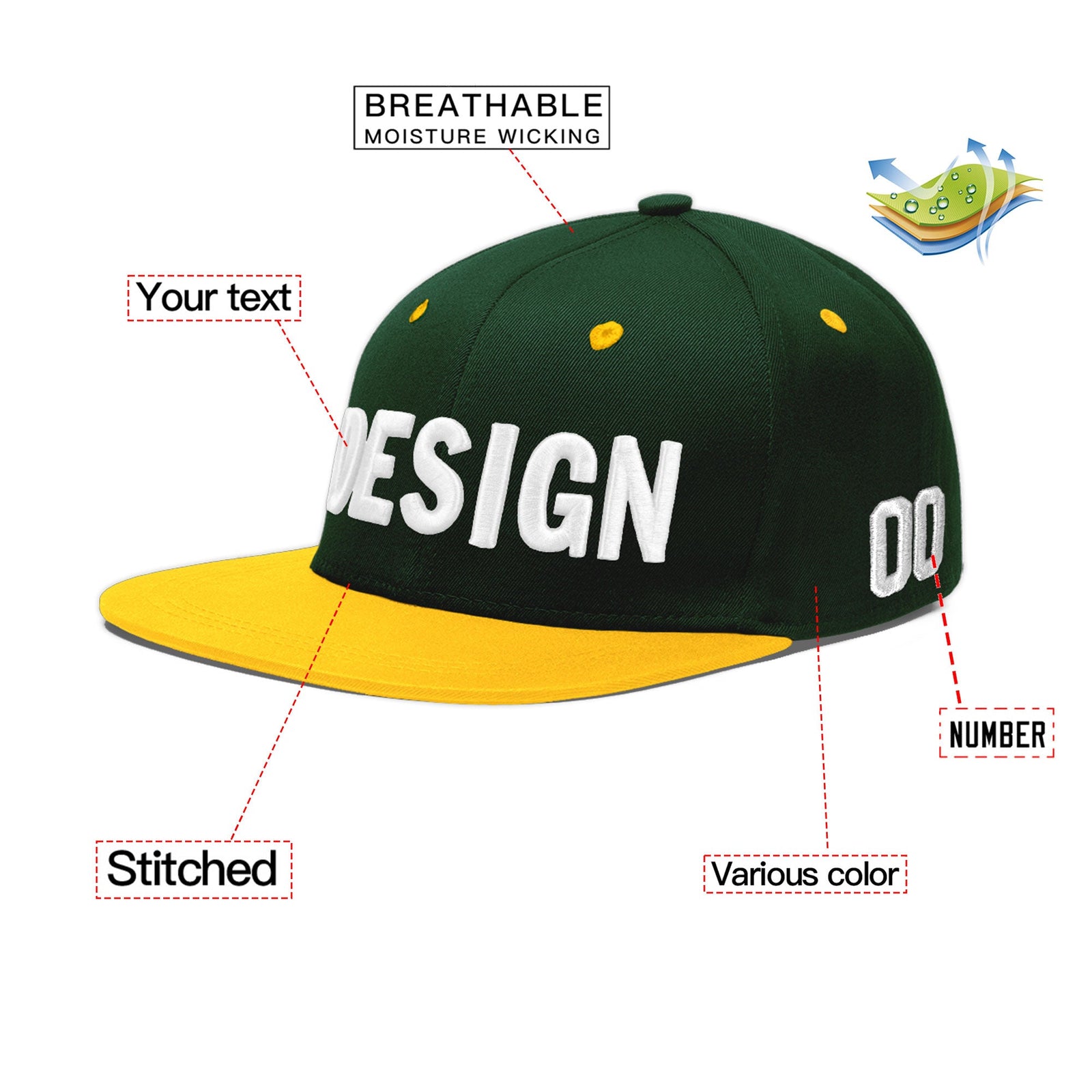 Custom Green Gold 3D Puff Embroidery Flat Embroidery Casual Sport Baseball Cap