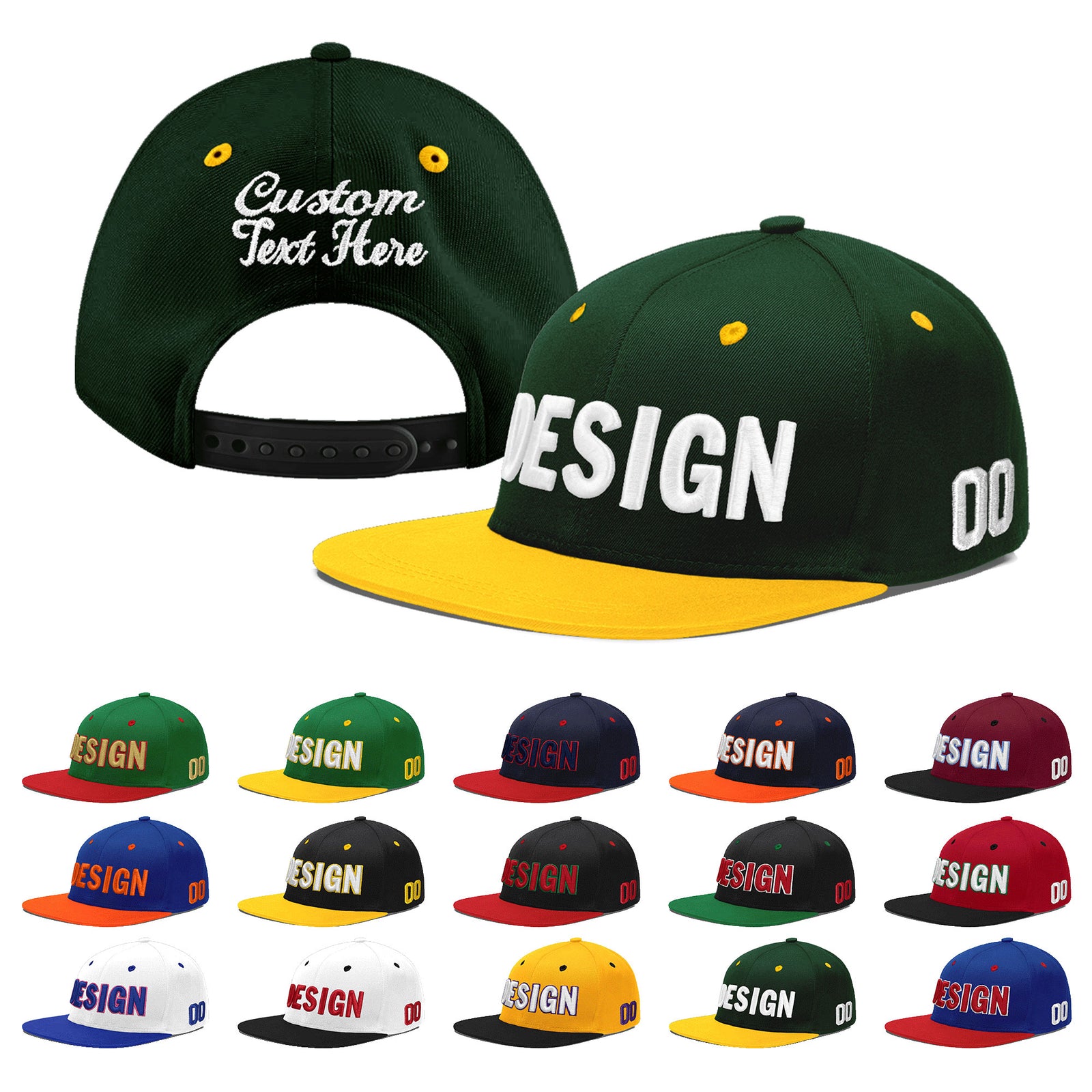 Custom Green Gold 3D Puff Embroidery Flat Embroidery Casual Sport Baseball Cap
