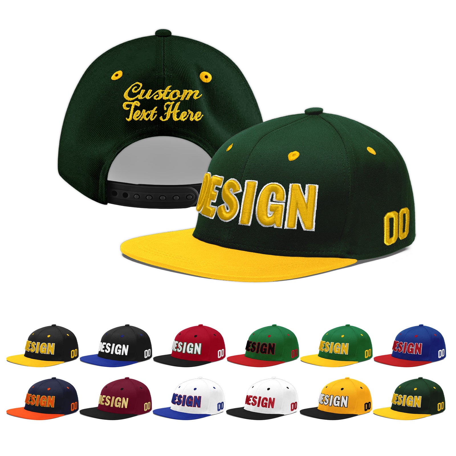Custom Green Gold 3D Puff Embroidery Flat Embroidery Casual Sport Baseball Cap