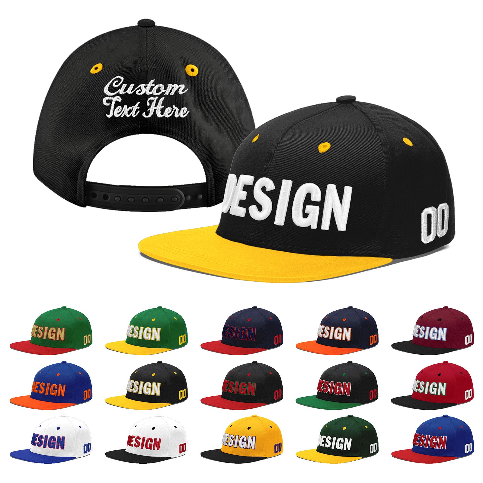 Custom Black Gold 3D Puff Embroidery Flat Embroidery Casual Sport Baseball Cap