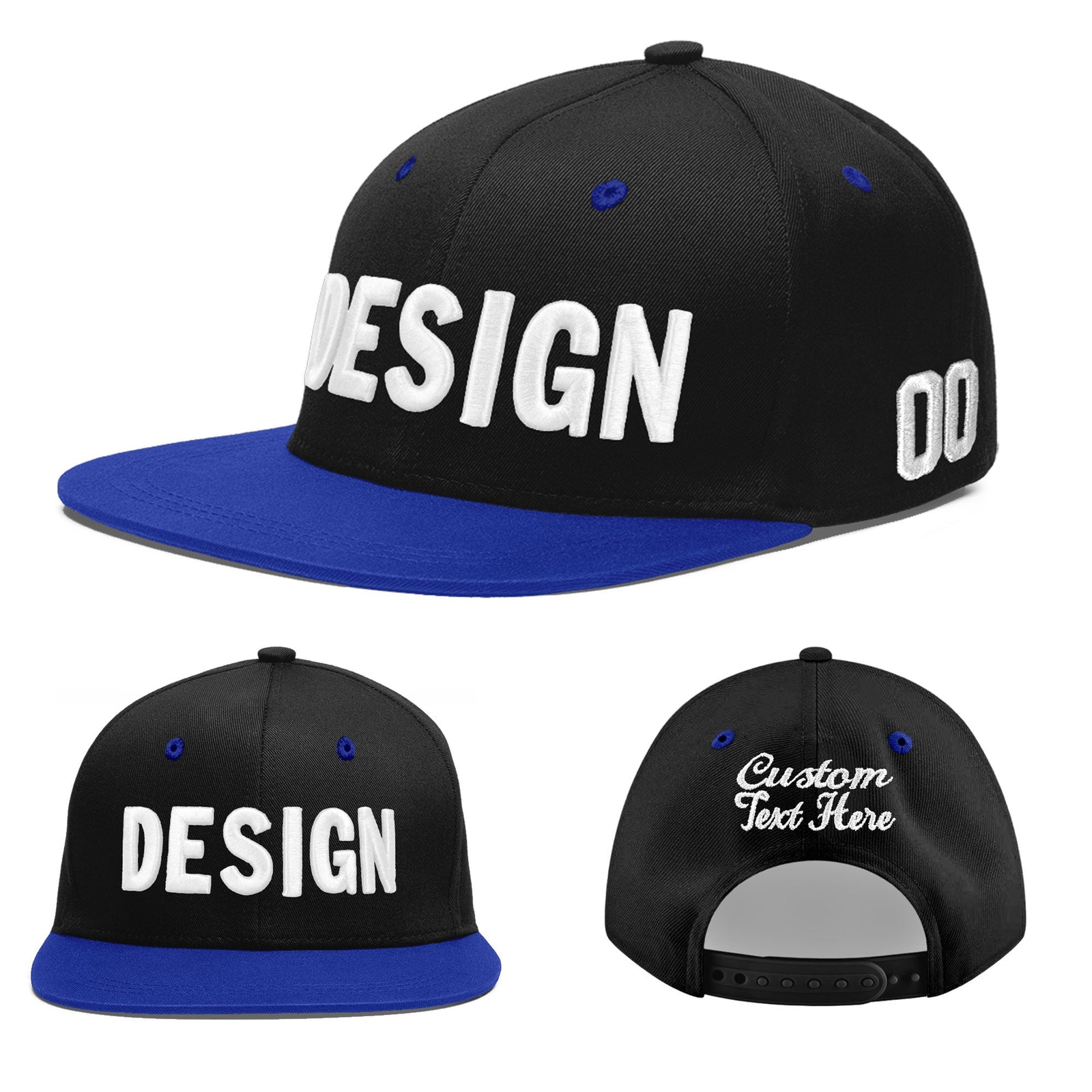 Custom Black Royal Blue 3D Puff Embroidery Flat Embroidery Casual Sport Baseball Cap