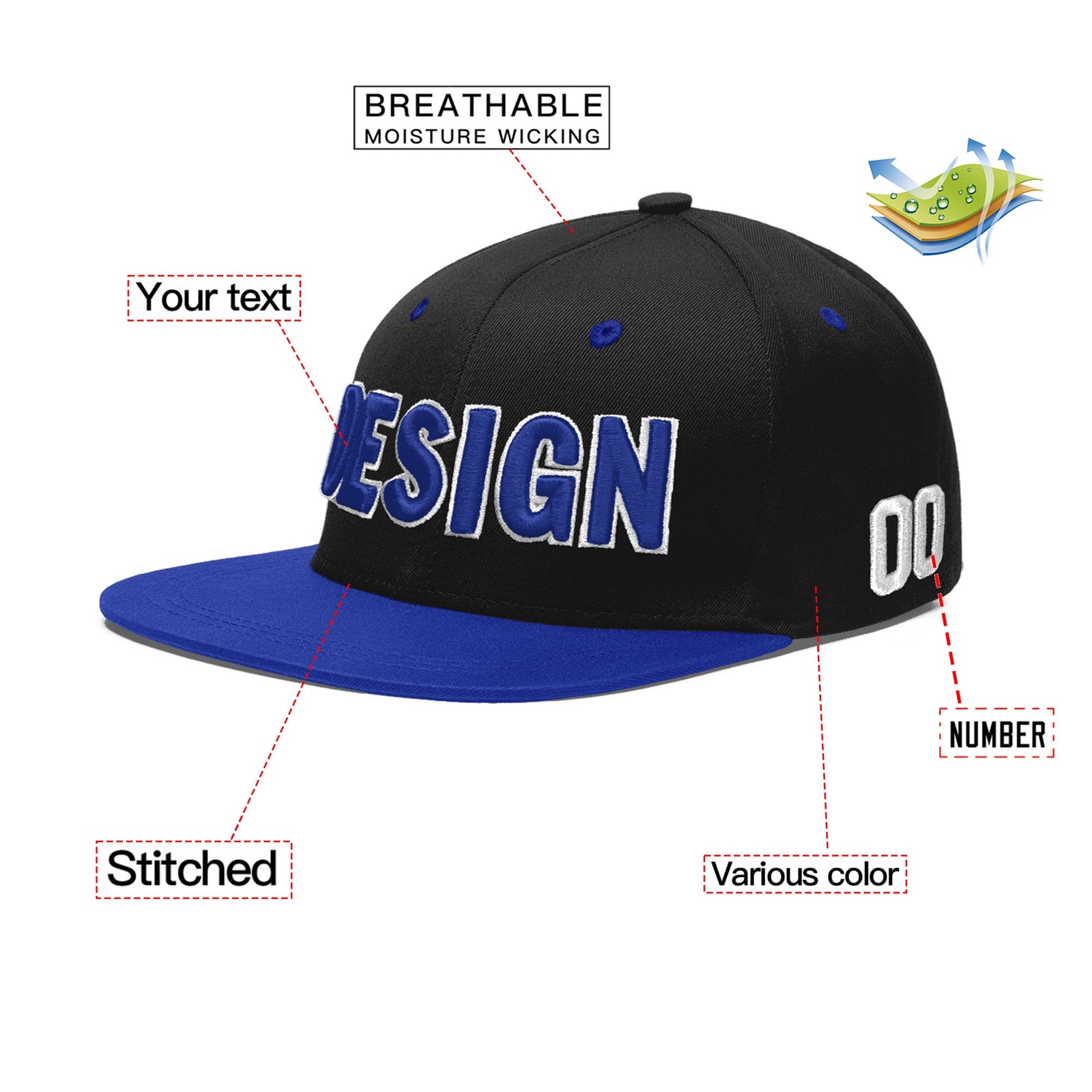 Custom Black Royal Blue 3D Puff Embroidery Flat Embroidery Casual Sport Baseball Cap