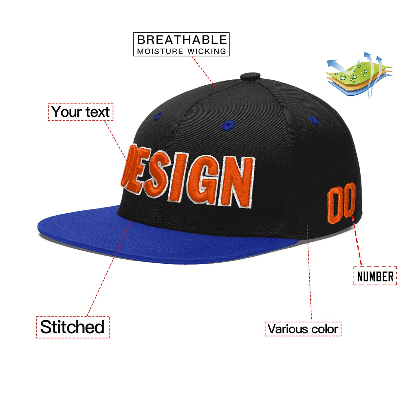 Custom Black Royal Blue 3D Puff Embroidery Flat Embroidery Casual Sport Baseball Cap