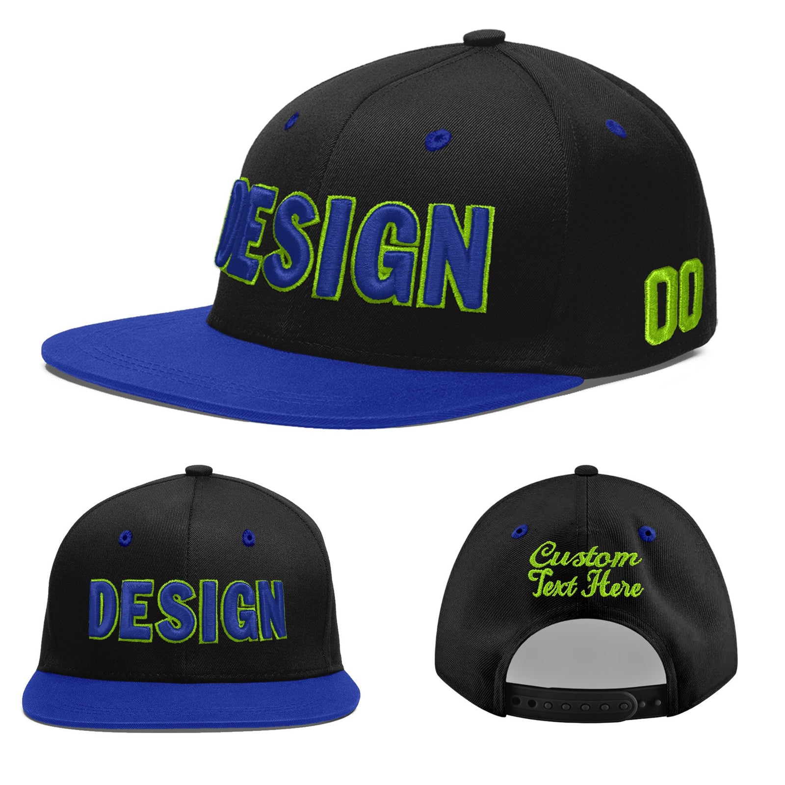Custom Black Royal Blue 3D Puff Embroidery Flat Embroidery Casual Sport Baseball Cap