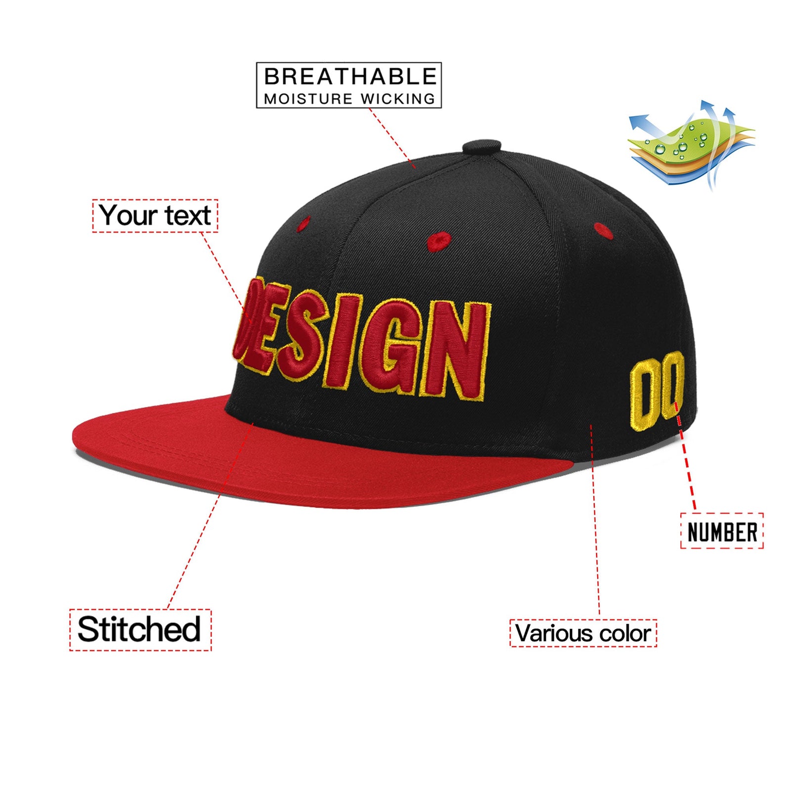 Custom Black Red 3D Puff Embroidery Flat Embroidery Casual Sport Baseball Cap