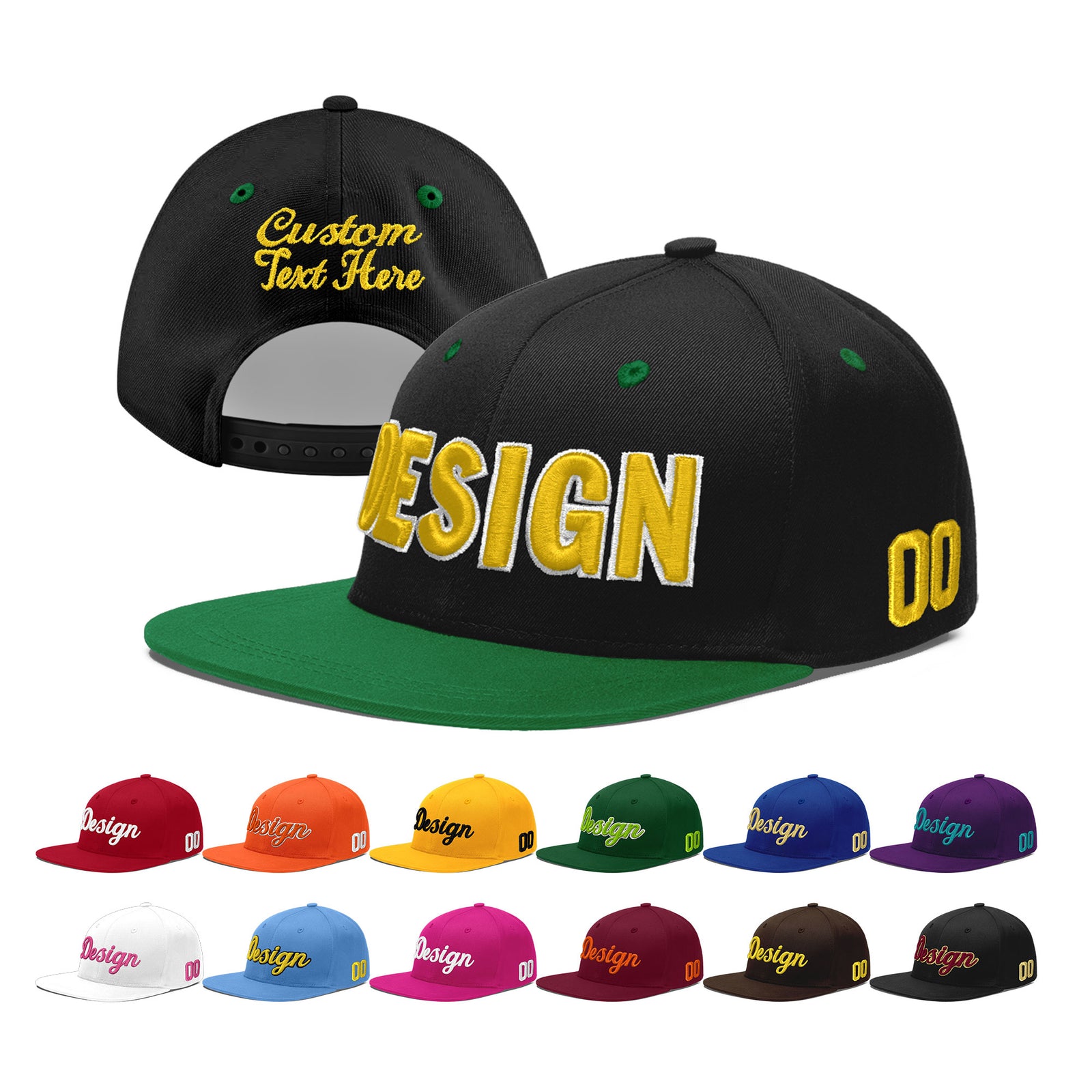 Custom Black Kelly Green 3D Puff Embroidery Flat Embroidery Casual Sport Baseball Cap
