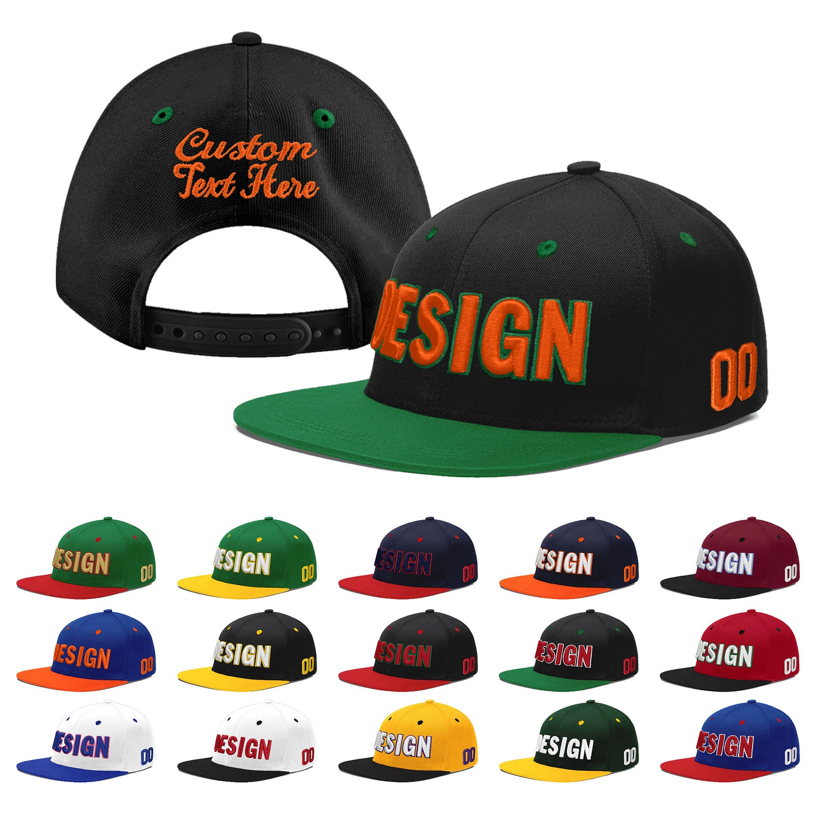 Custom Black Kelly Green 3D Puff Embroidery Flat Embroidery Casual Sport Baseball Cap
