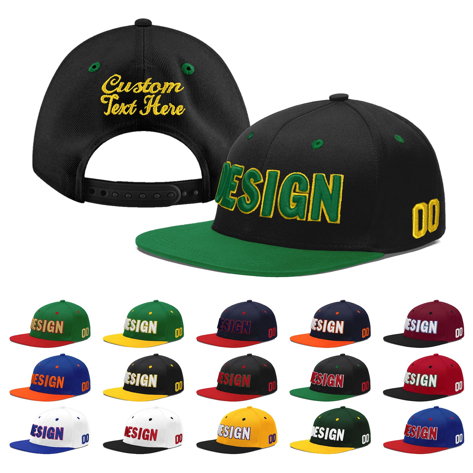Custom Black Kelly Green 3D Puff Embroidery Flat Embroidery Casual Sport Baseball Cap