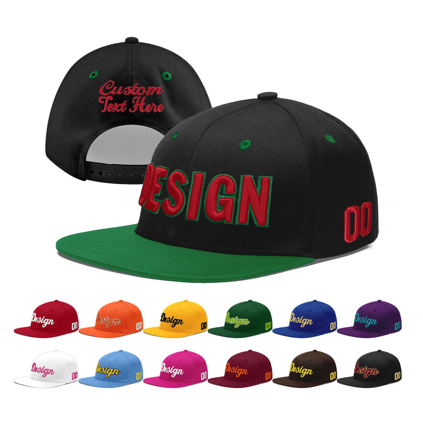 Custom Black Kelly Green 3D Puff Embroidery Flat Embroidery Casual Sport Baseball Cap