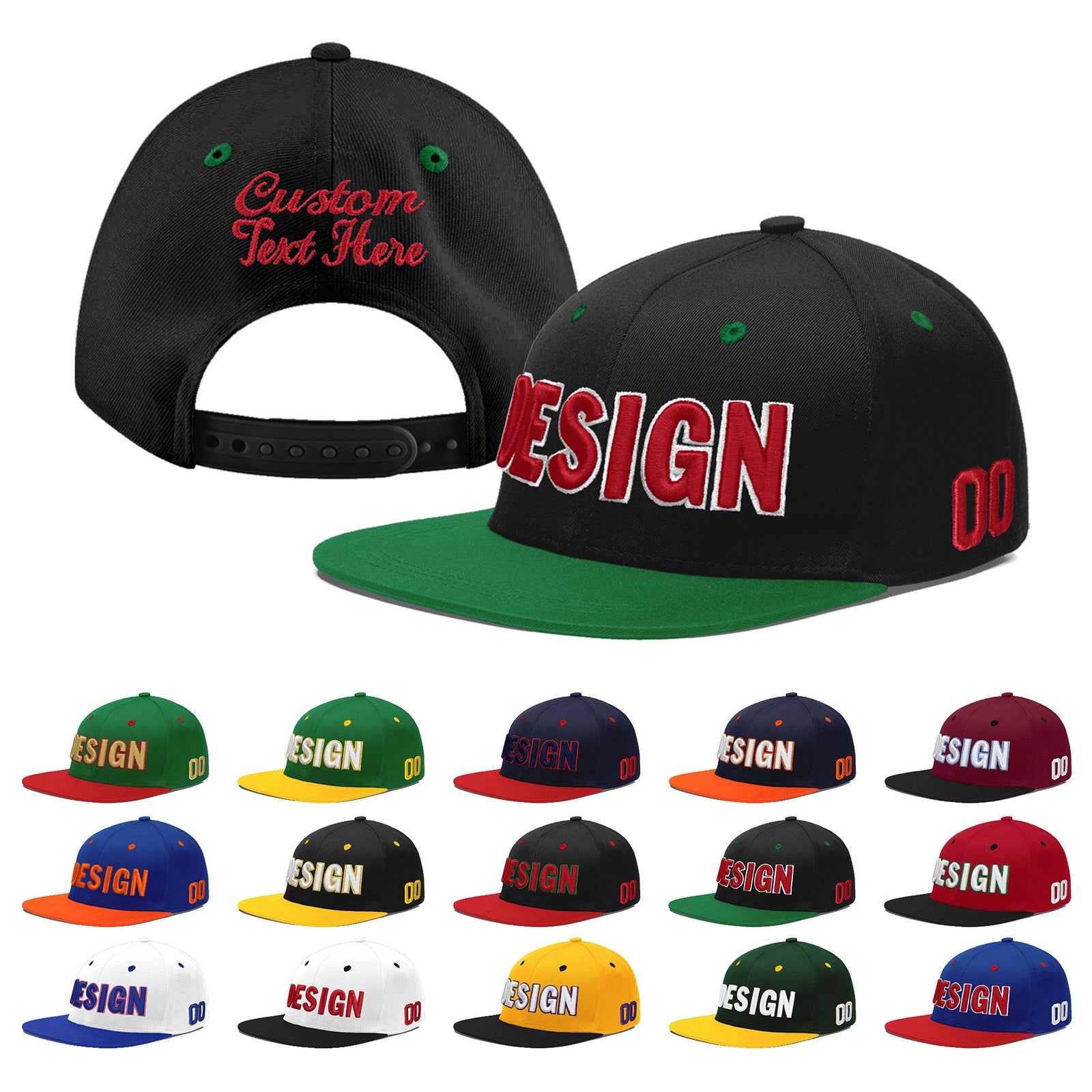Custom Black Kelly Green 3D Puff Embroidery Flat Embroidery Casual Sport Baseball Cap