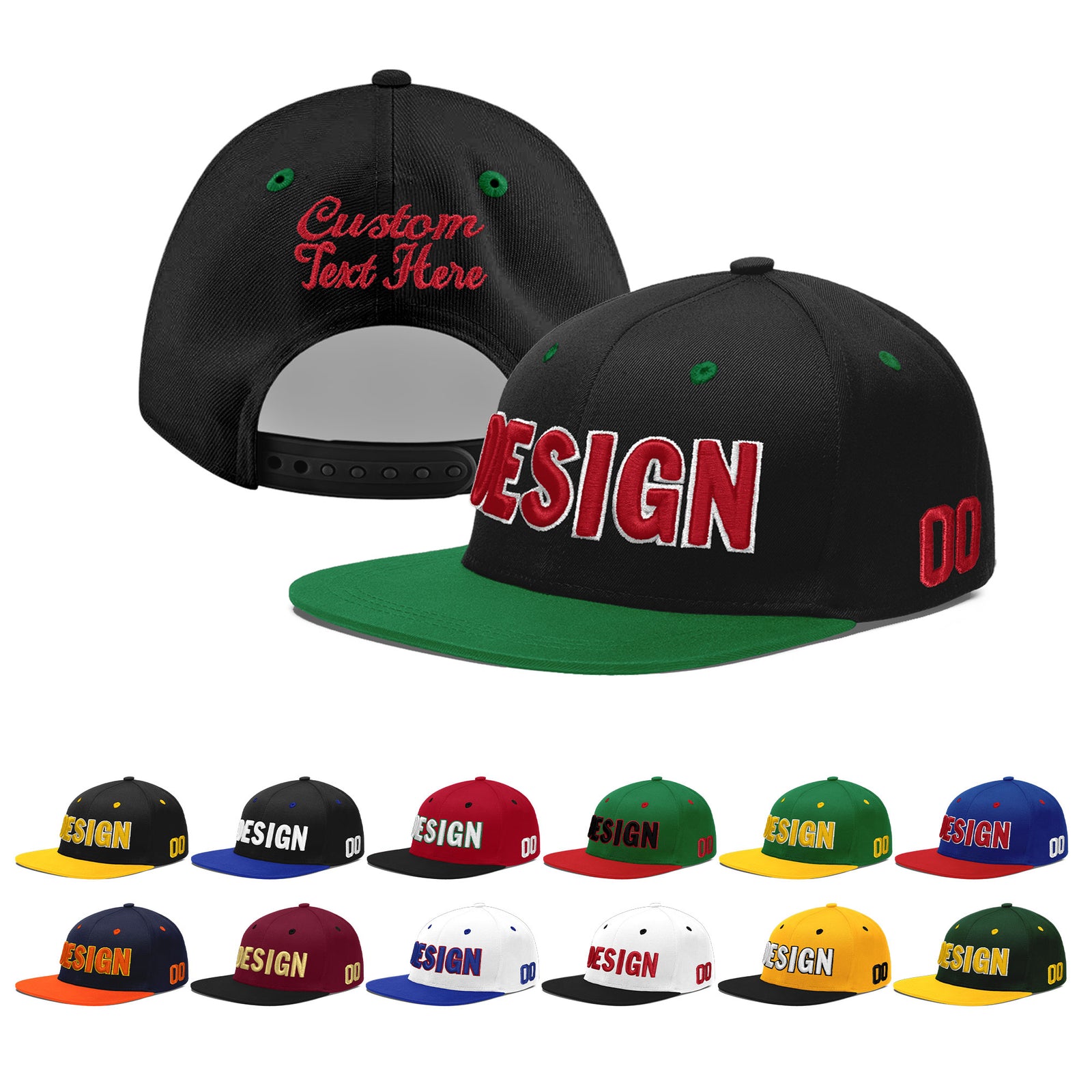 Custom Black Kelly Green 3D Puff Embroidery Flat Embroidery Casual Sport Baseball Cap