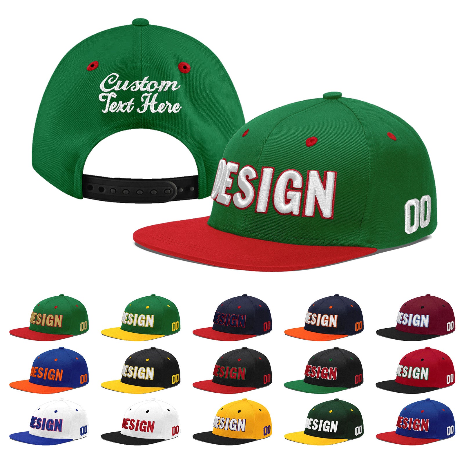 Custom Kelly Green Red 3D Puff Embroidery Flat Embroidery Casual Sport Baseball Cap