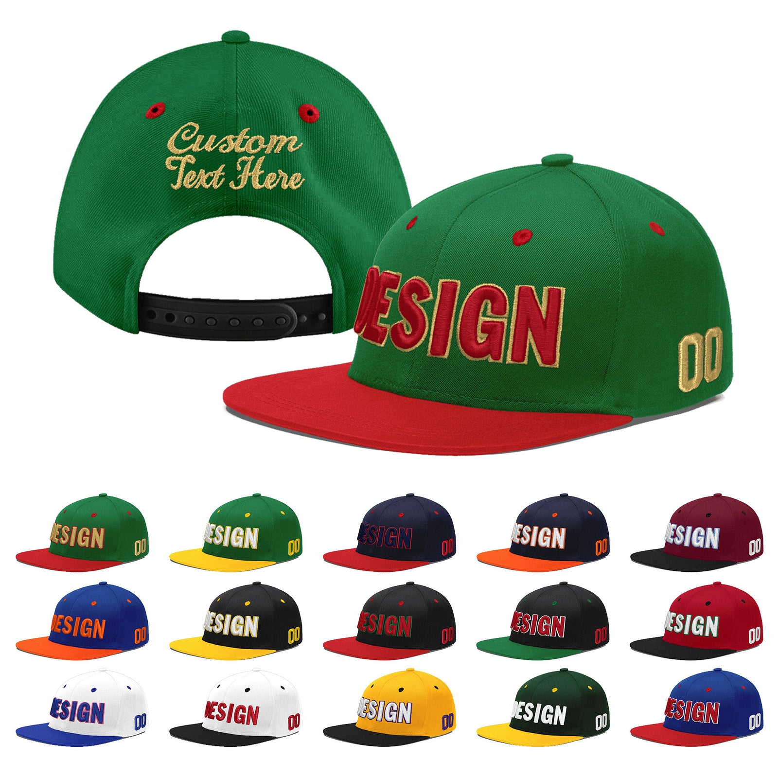Custom Kelly Green Red 3D Puff Embroidery Flat Embroidery Casual Sport Baseball Cap
