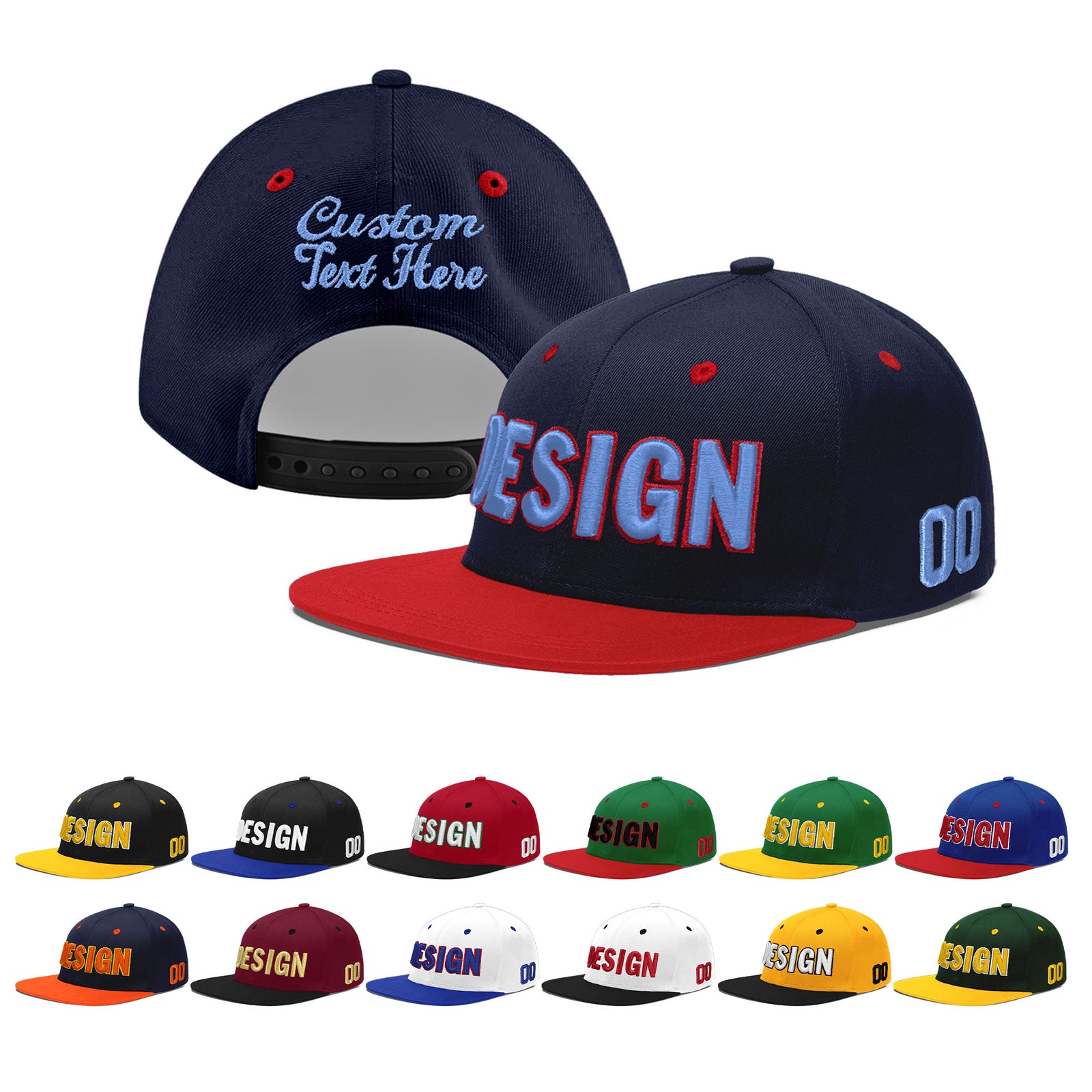Custom Navy Red 3D Puff Embroidery Flat Embroidery Casual Sport Baseball Cap
