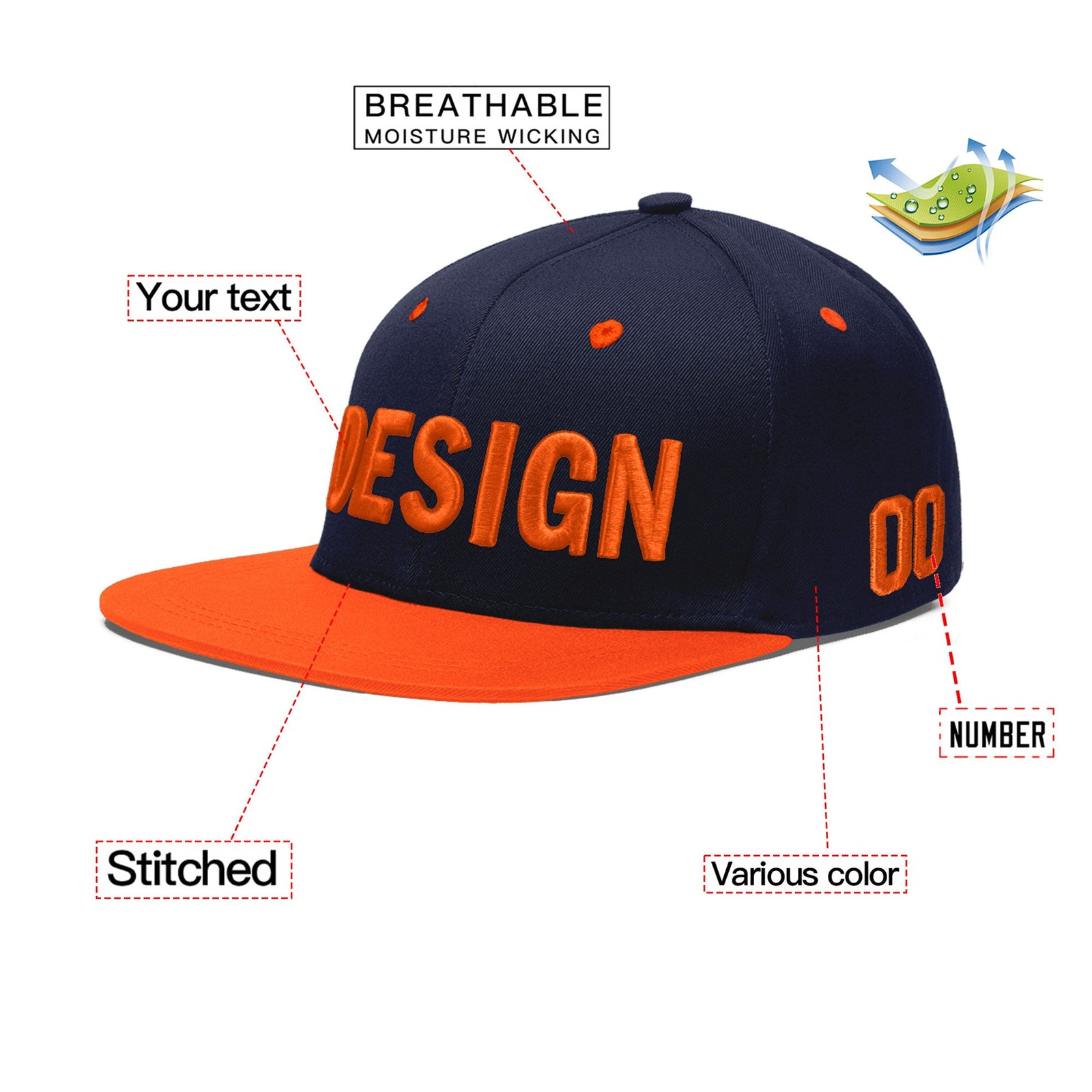 Custom Navy Orange 3D Puff Embroidery Flat Embroidery Casual Sport Baseball Cap