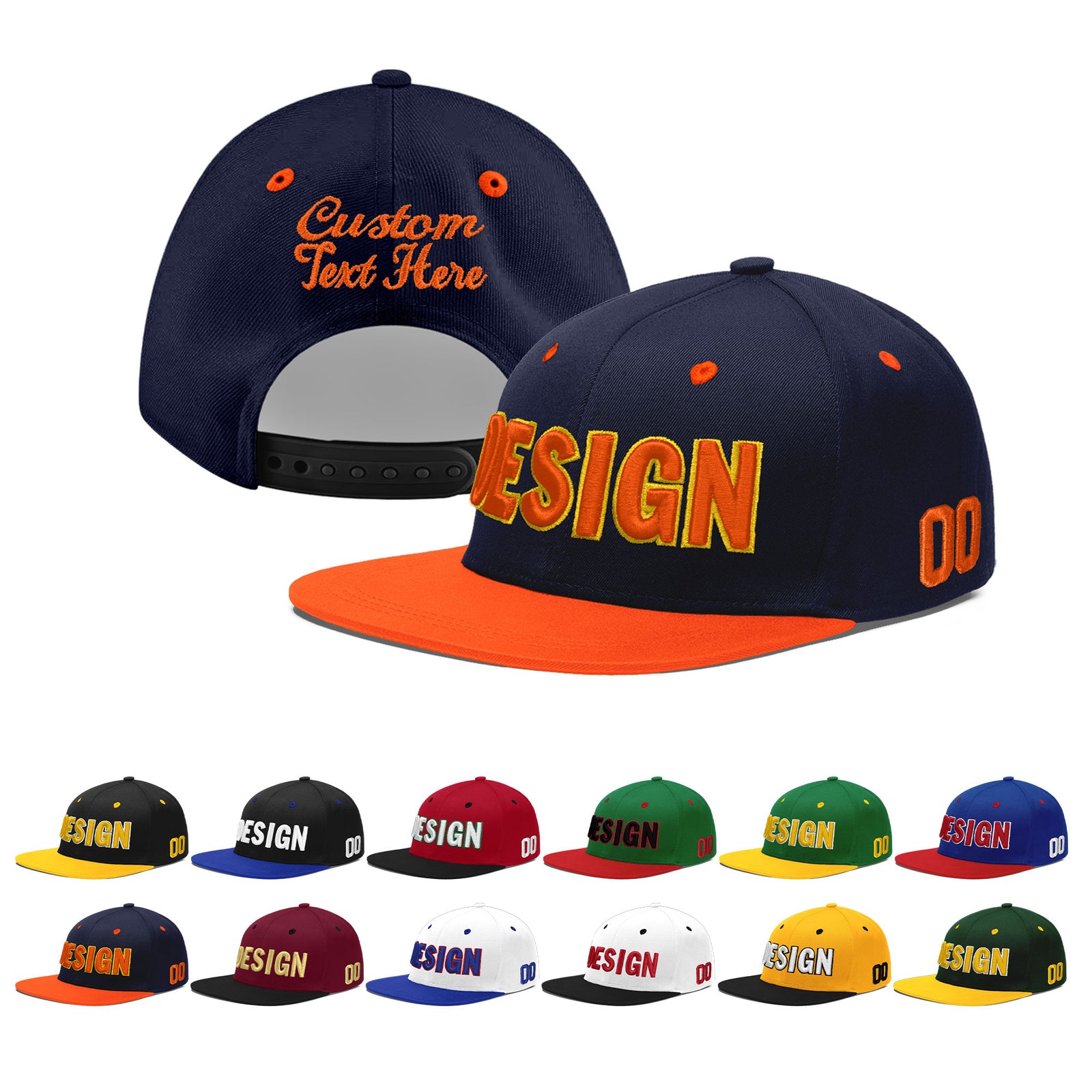 Custom Navy Orange 3D Puff Embroidery Flat Embroidery Casual Sport Baseball Cap