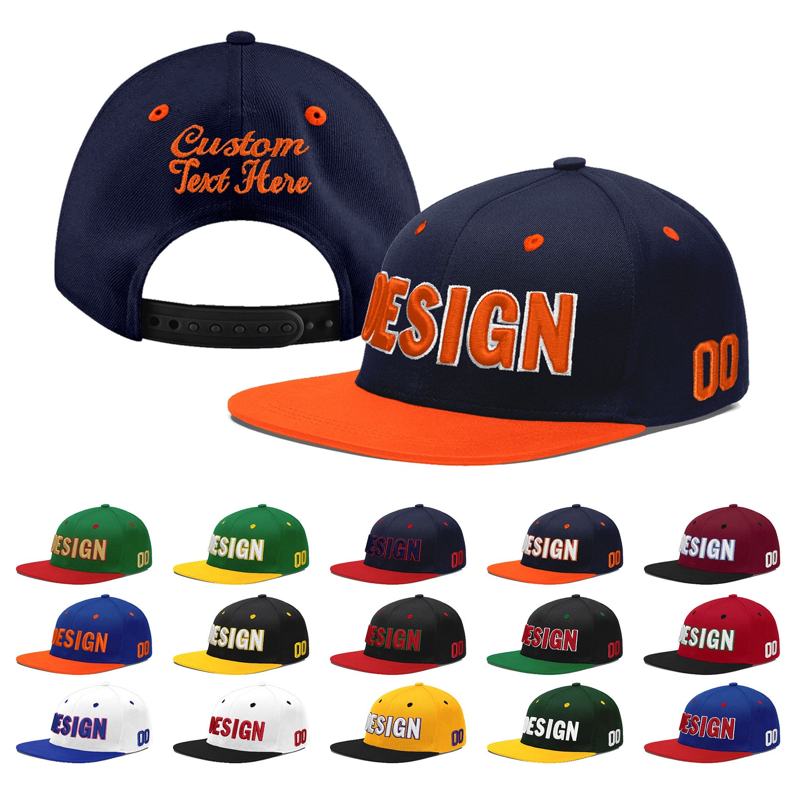 Custom Navy Orange 3D Puff Embroidery Flat Embroidery Casual Sport Baseball Cap