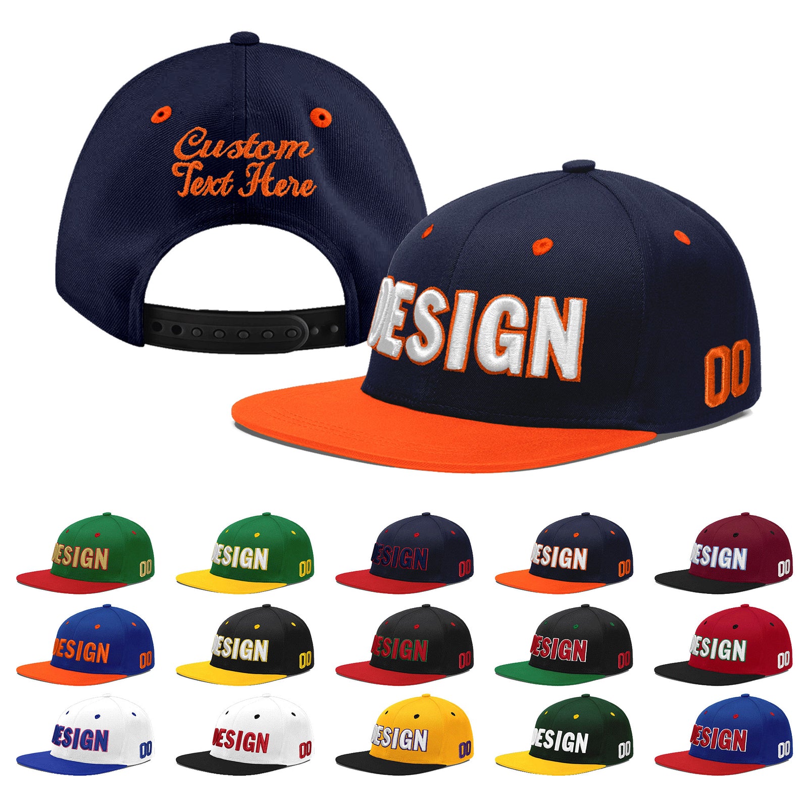 Custom Navy Orange 3D Puff Embroidery Flat Embroidery Casual Sport Baseball Cap