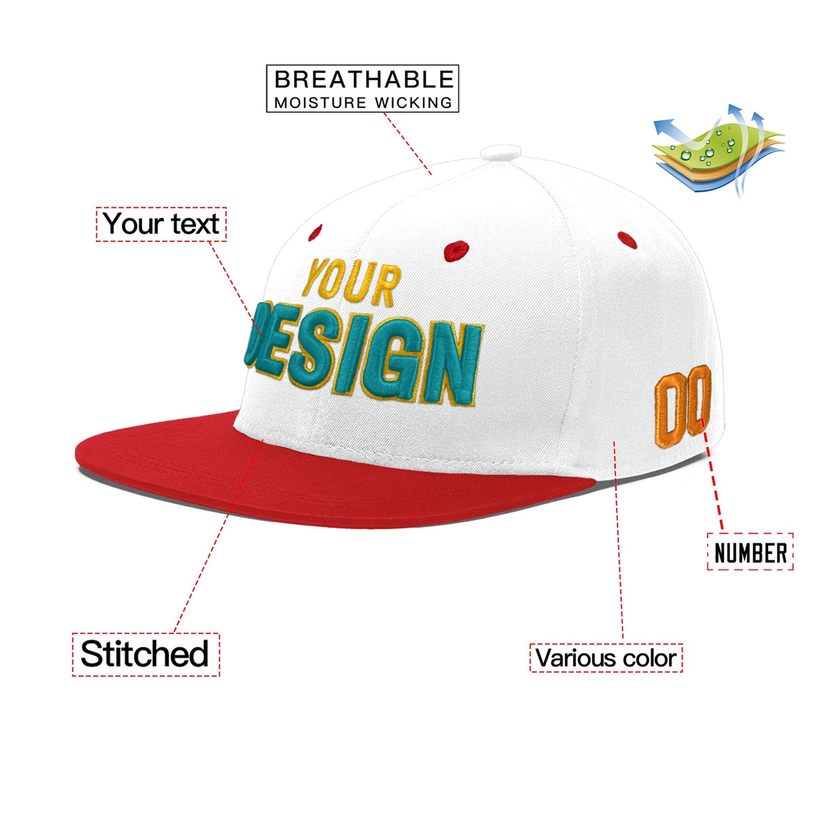 Custom White Red 3D Puff Embroidery Flat Embroidery Casual Sport Hats| KXKSHOP