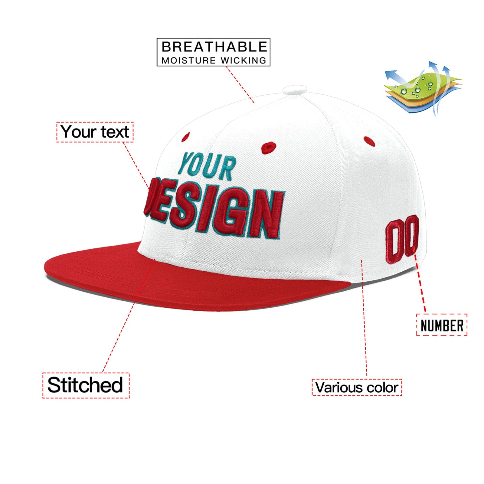 Custom White Red 3D Puff Embroidery Flat Embroidery Casual Sport Hats| KXKSHOP