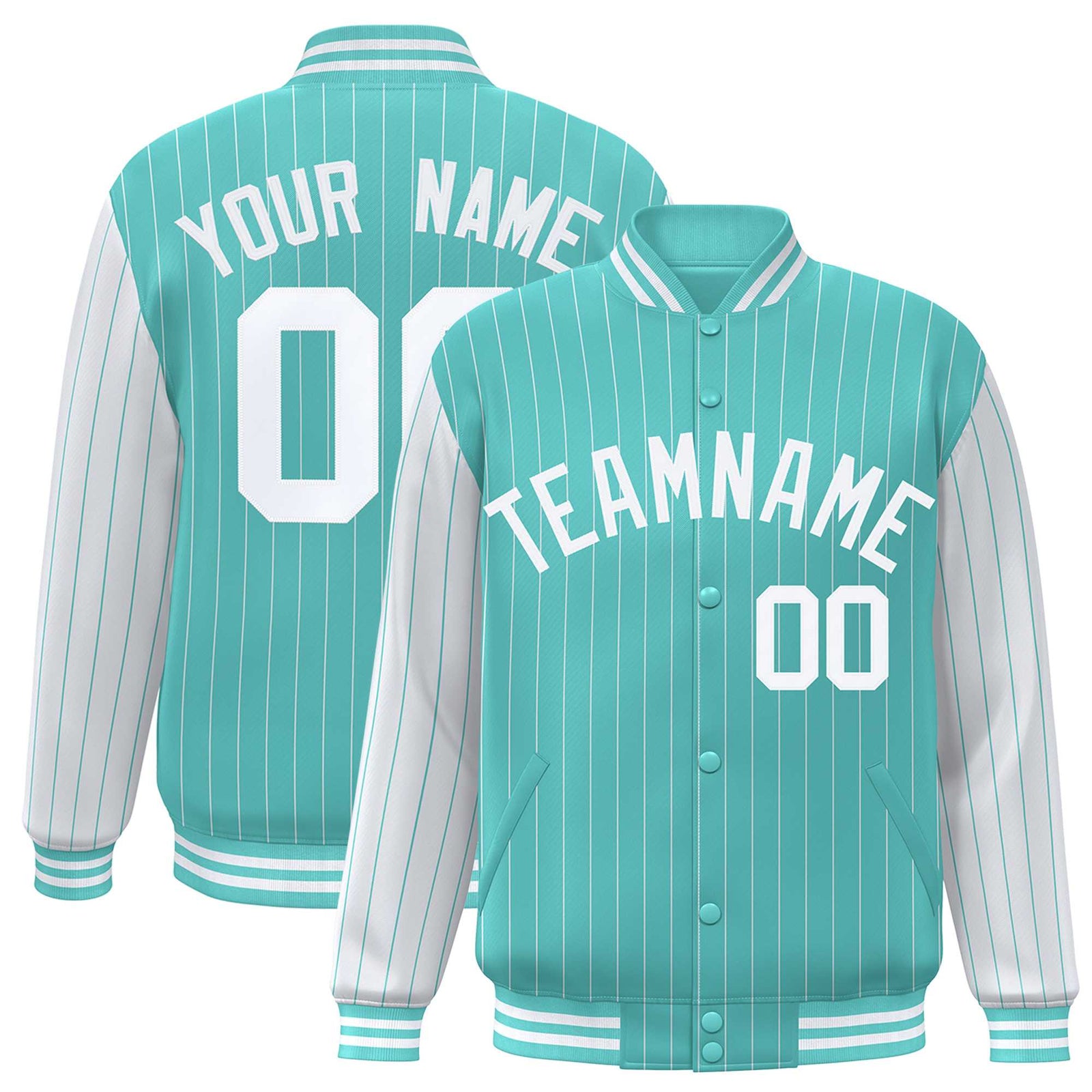 Custom Bright Green White Raglan Sleeves Varsity Full-Snap Pinstripe Letterman Baseball Jacket