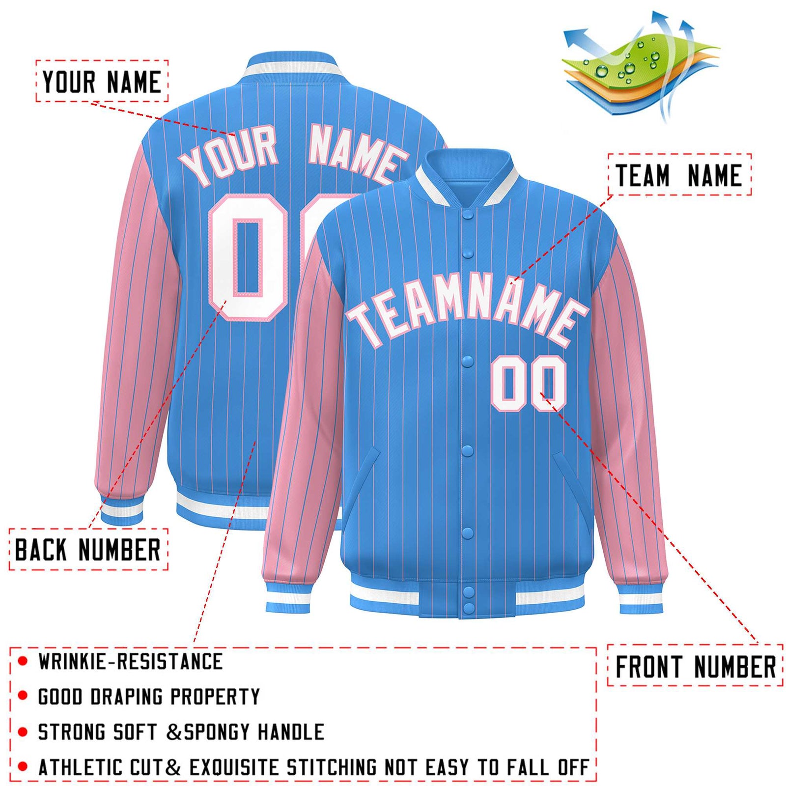 Custom Powder Blue Light Pink Raglan Sleeves Varsity Full-Snap Pinstripe Letterman Baseball Jacket