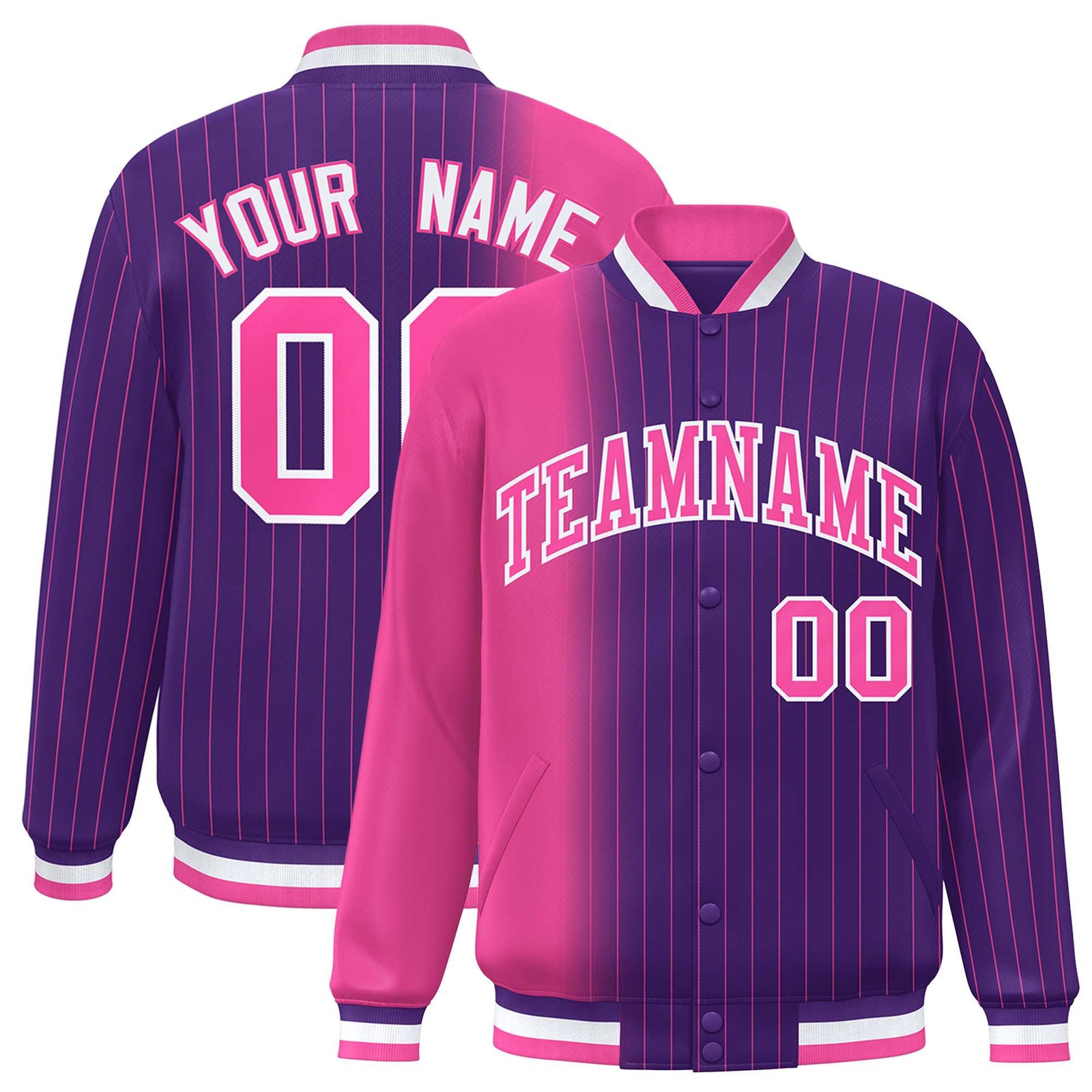 Custom Purple Pink Gradient Varsity Full-Snap Pinstripe Letterman Baseball Jacket