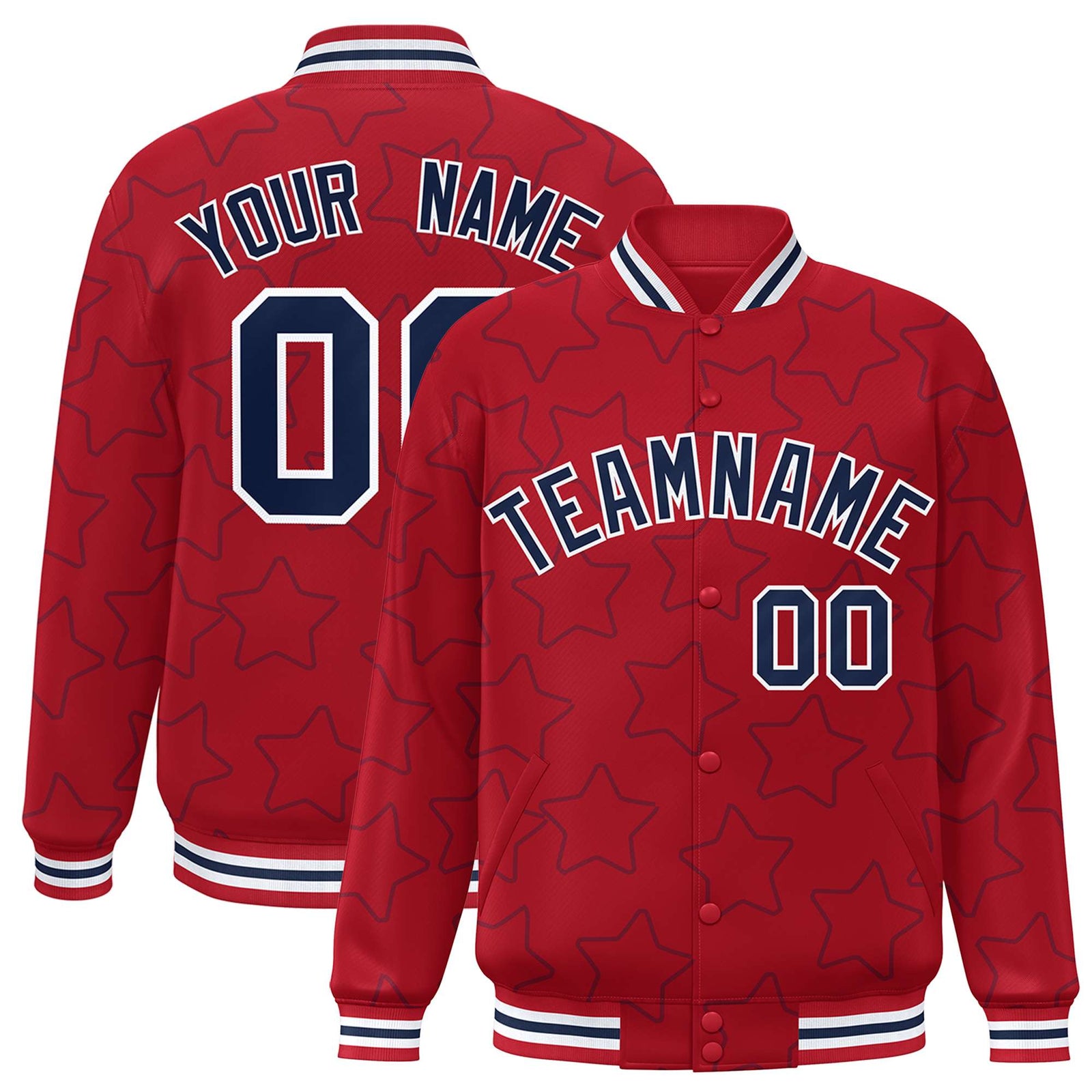 Custom Red Navy Varsity Full-Snap Star Pattern Letterman Baseball Jacket