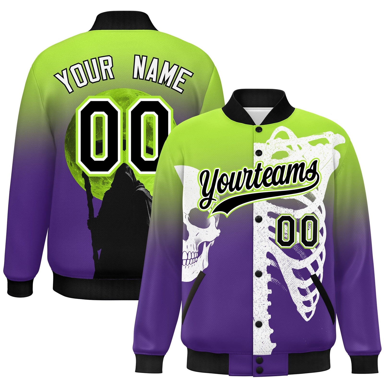 Custom Neon Green Purple Black skeleton Halloween Graffiti Pattern Moisture-Wicking Jacket| KXKSHOP