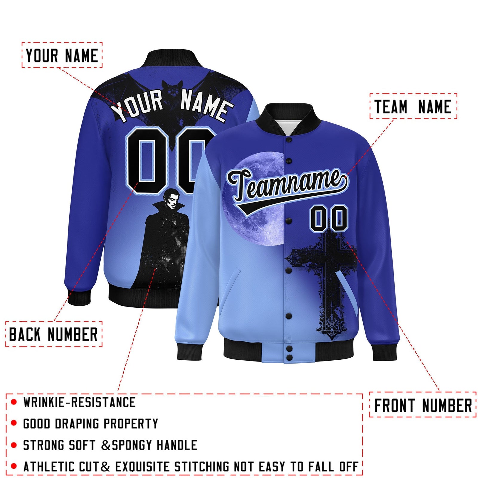 Custom Royal Light Blue Black skeleton Halloween Graffiti Pattern Moisture-Wicking Jacket| KXKSHOP