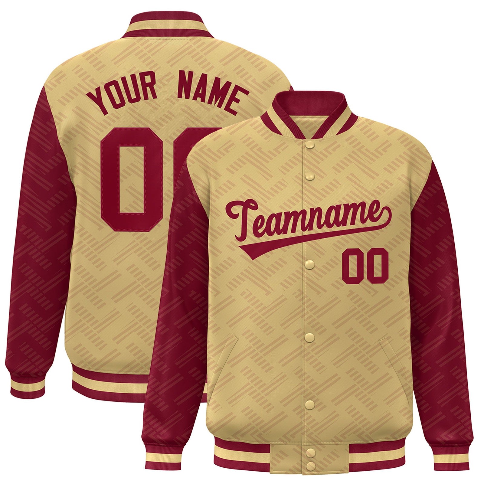 Custom Khaki Crimson L Pattern Varsity Raglan Sleeves Full-Snap Letterman Baseball Jacket