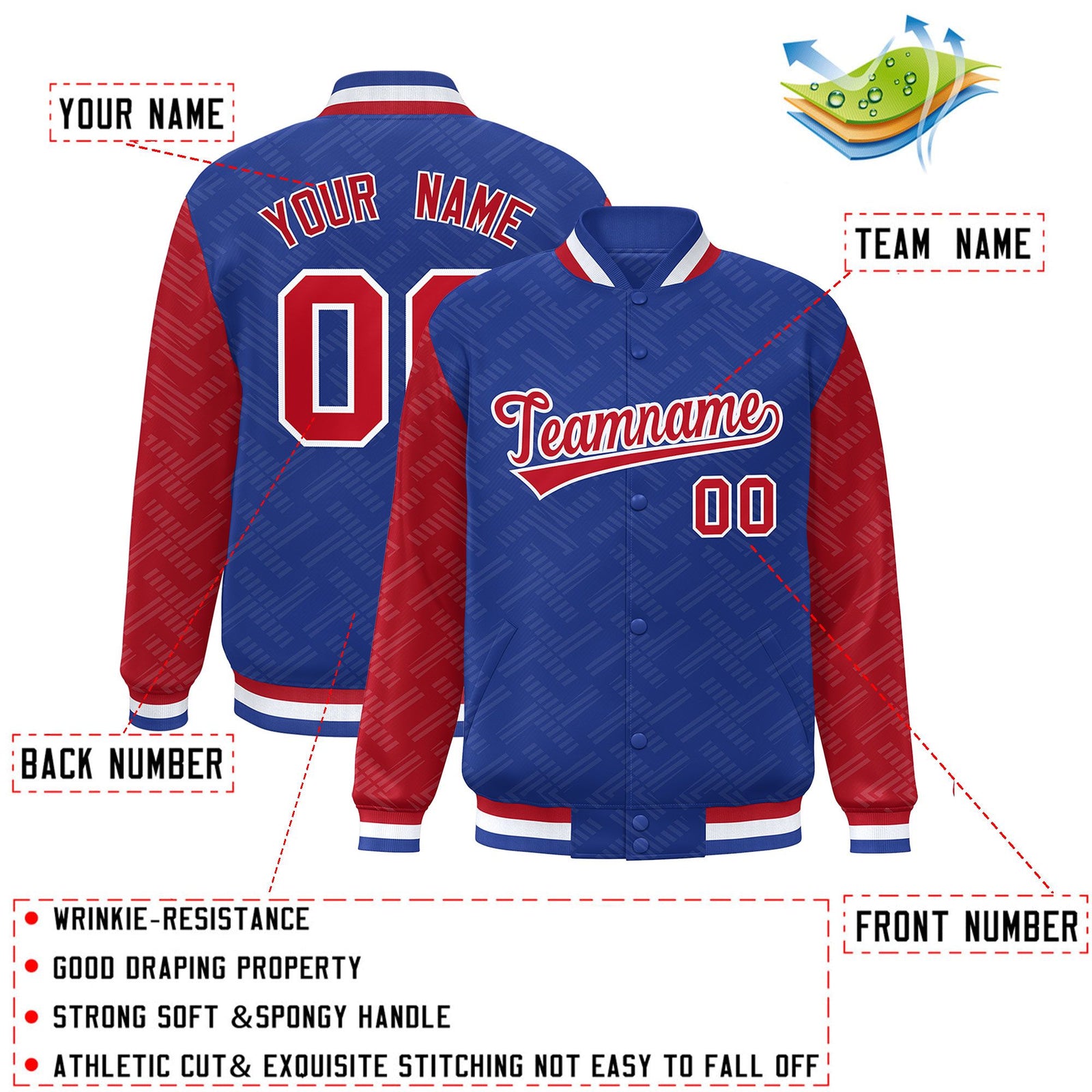 Custom Royal Red L Pattern Varsity Raglan Sleeves Full-Snap Letterman Baseball Jacket