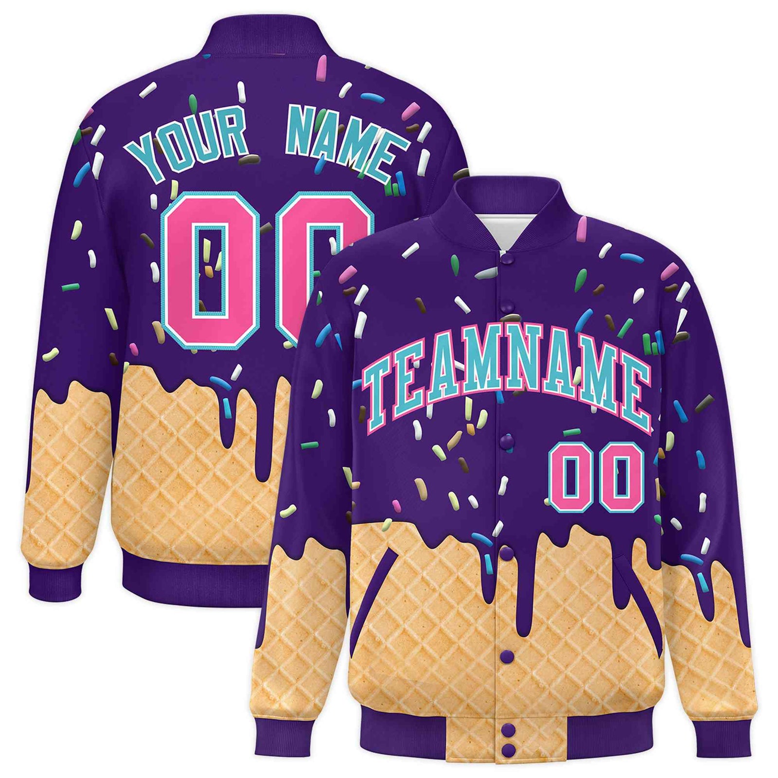 Custom Purple Ice Cream Cone Graffiti Pattern Full-Snap Varsity Letterman Jackets