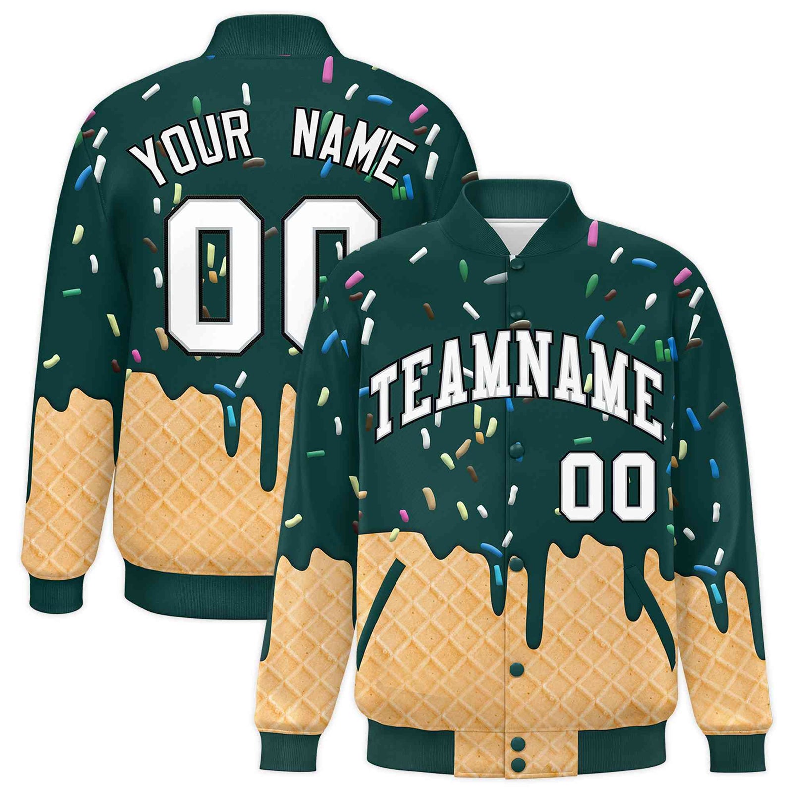 Custom Midnight Green Ice Cream Cone Graffiti Pattern Full-Snap Varsity Letterman Jackets