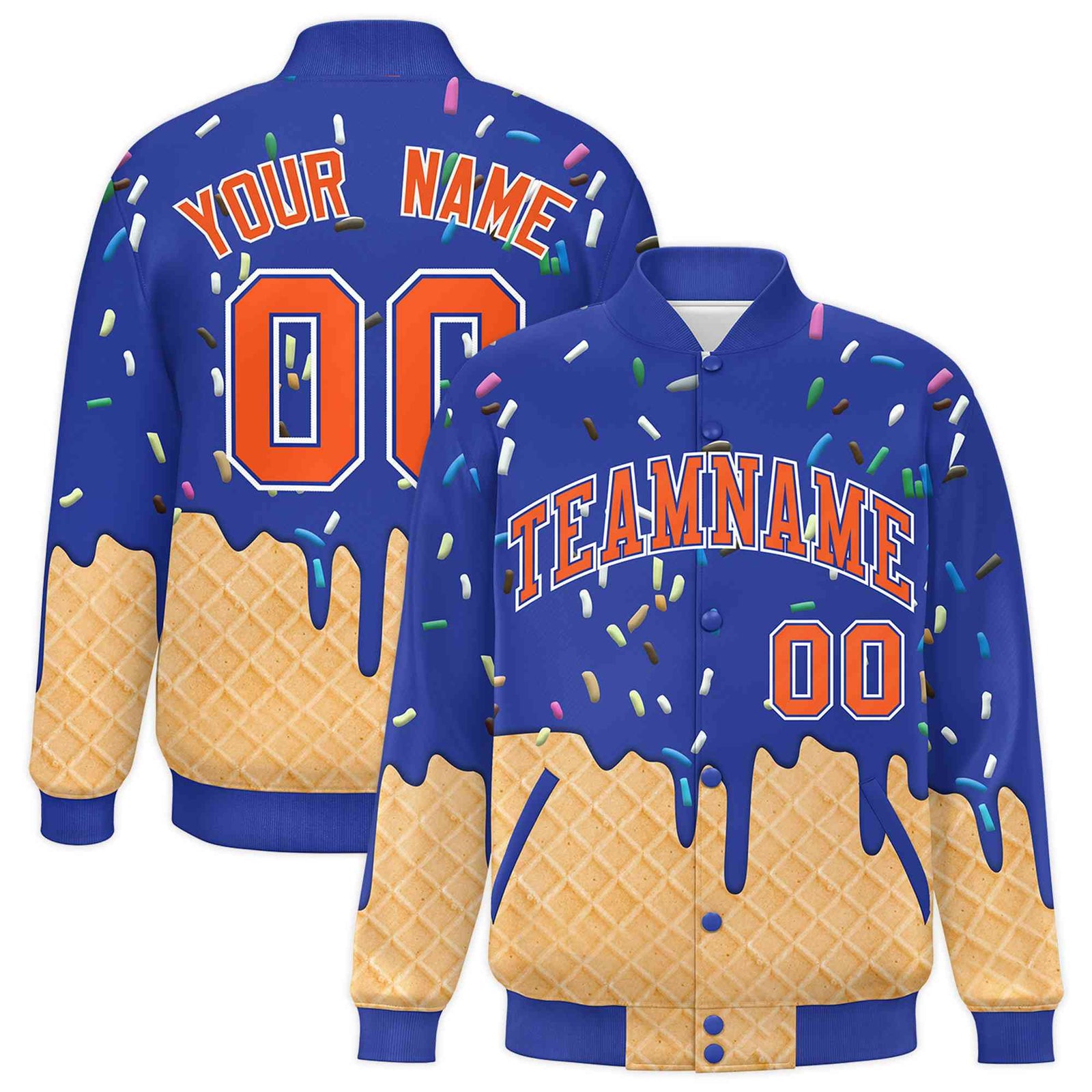 Custom Royal Blue Ice Cream Cone Graffiti Pattern Full-Snap Varsity Letterman Jackets