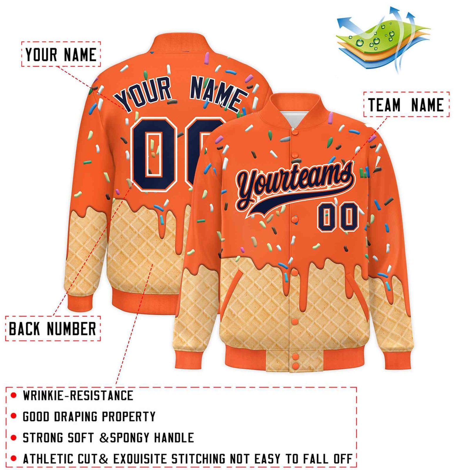 Custom Orange Ice Cream Cone Graffiti Pattern Full-Snap Varsity Letterman Jackets