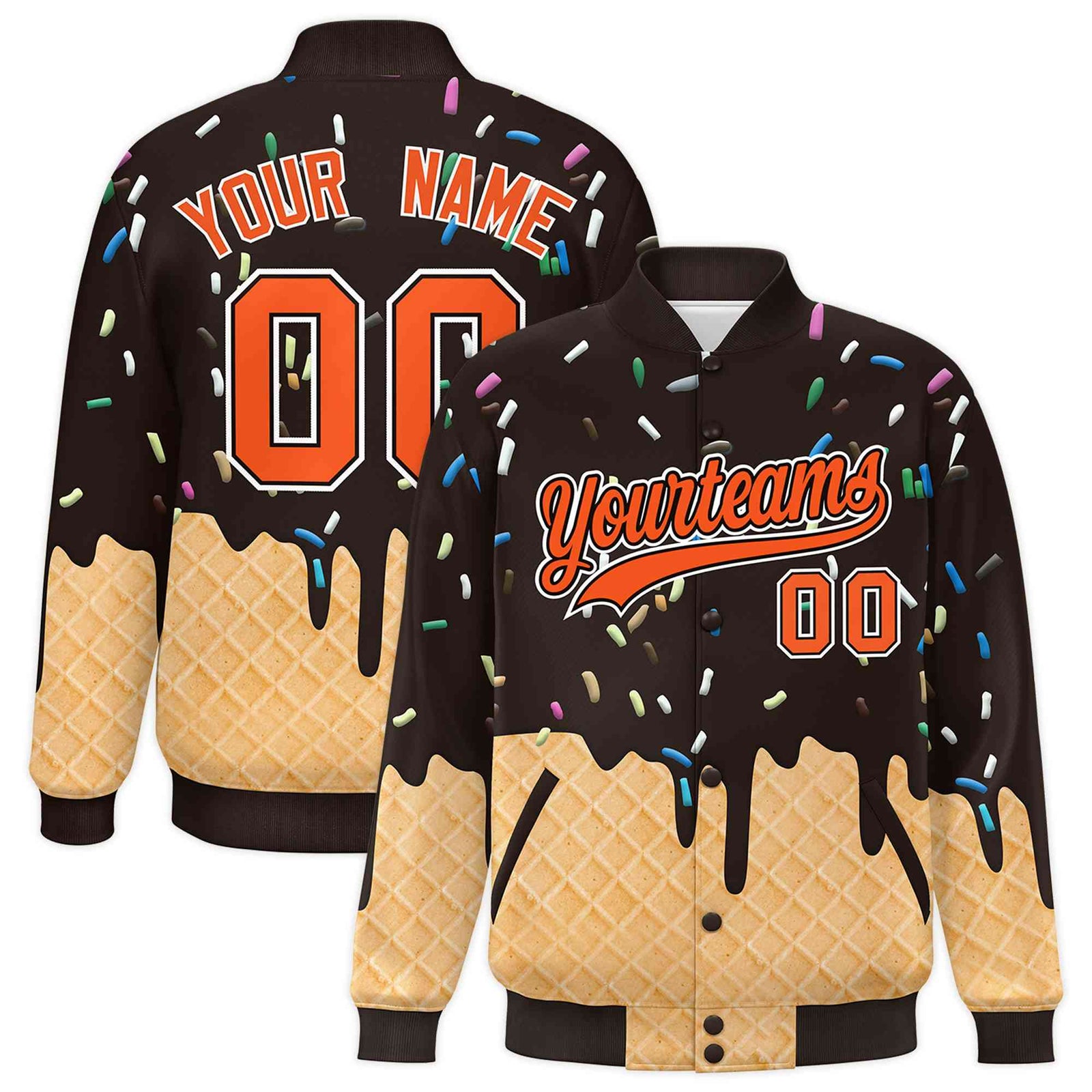 Custom Brown Ice Cream Cone Graffiti Pattern Full-Snap Varsity Letterman Jackets
