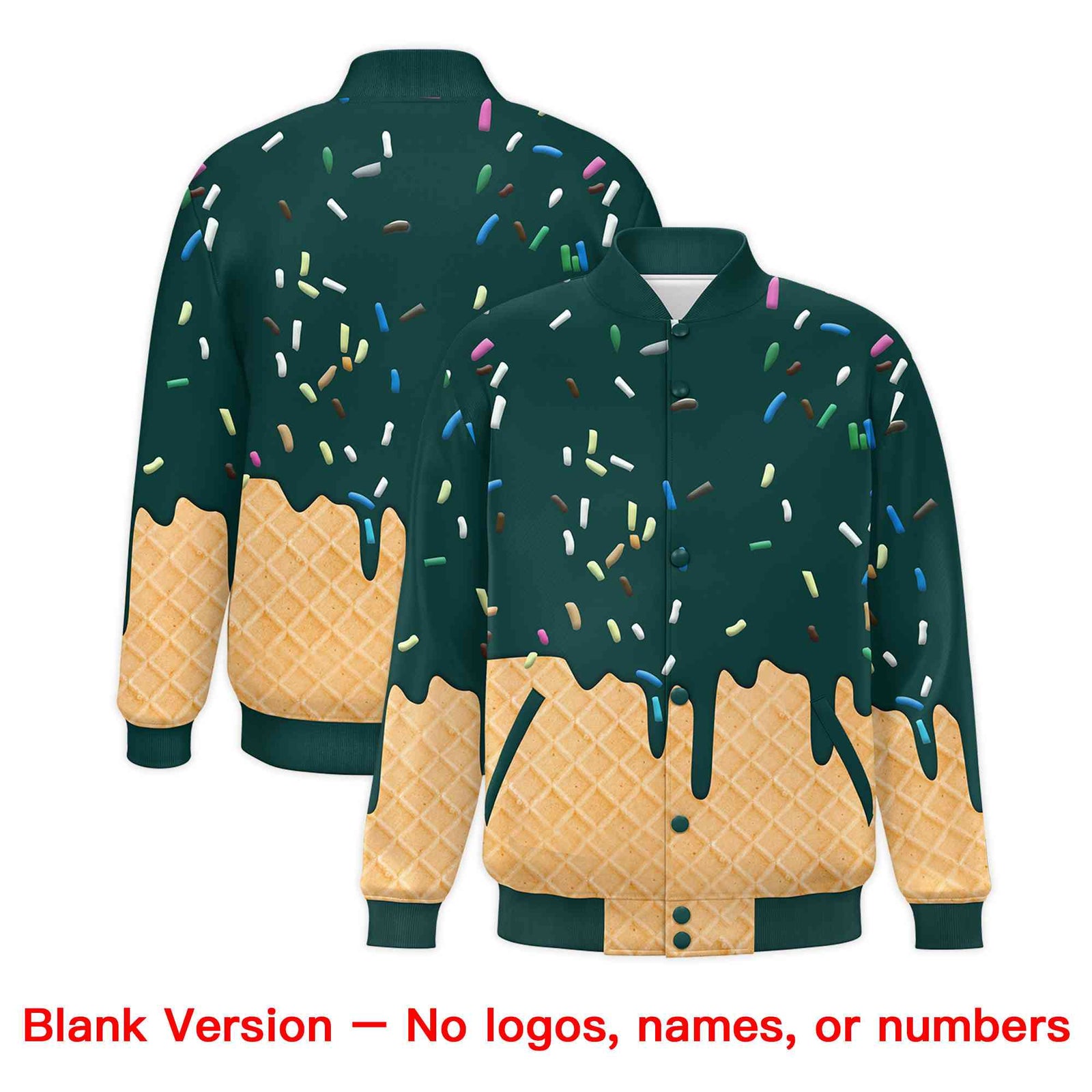 Custom Midnight Green Ice Cream Cone Graffiti Pattern Full-Snap Varsity Letterman Jackets