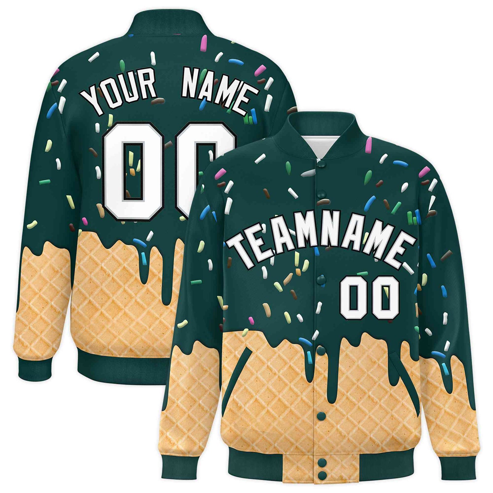 Custom Midnight Green Ice Cream Cone Graffiti Pattern Full-Snap Varsity Letterman Jackets