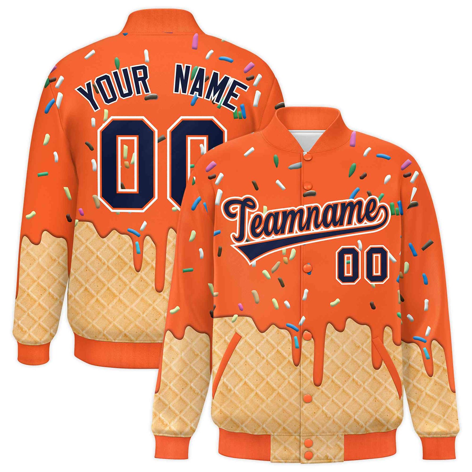 Custom Orange Ice Cream Cone Graffiti Pattern Full-Snap Varsity Letterman Jackets| KXKSHOP