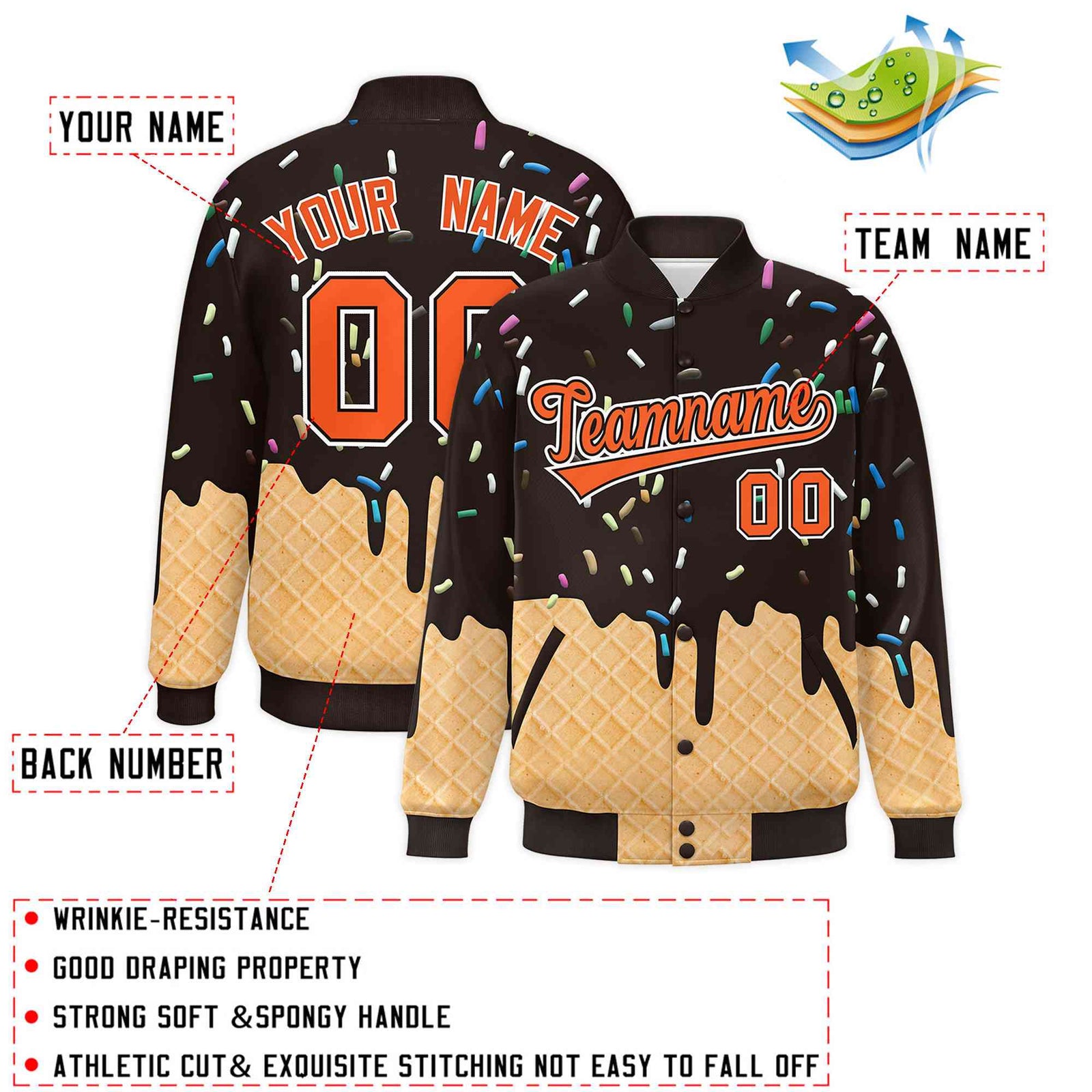 Custom Brown Ice Cream Cone Graffiti Pattern Full-Snap Varsity Letterman Jackets| KXKSHOP