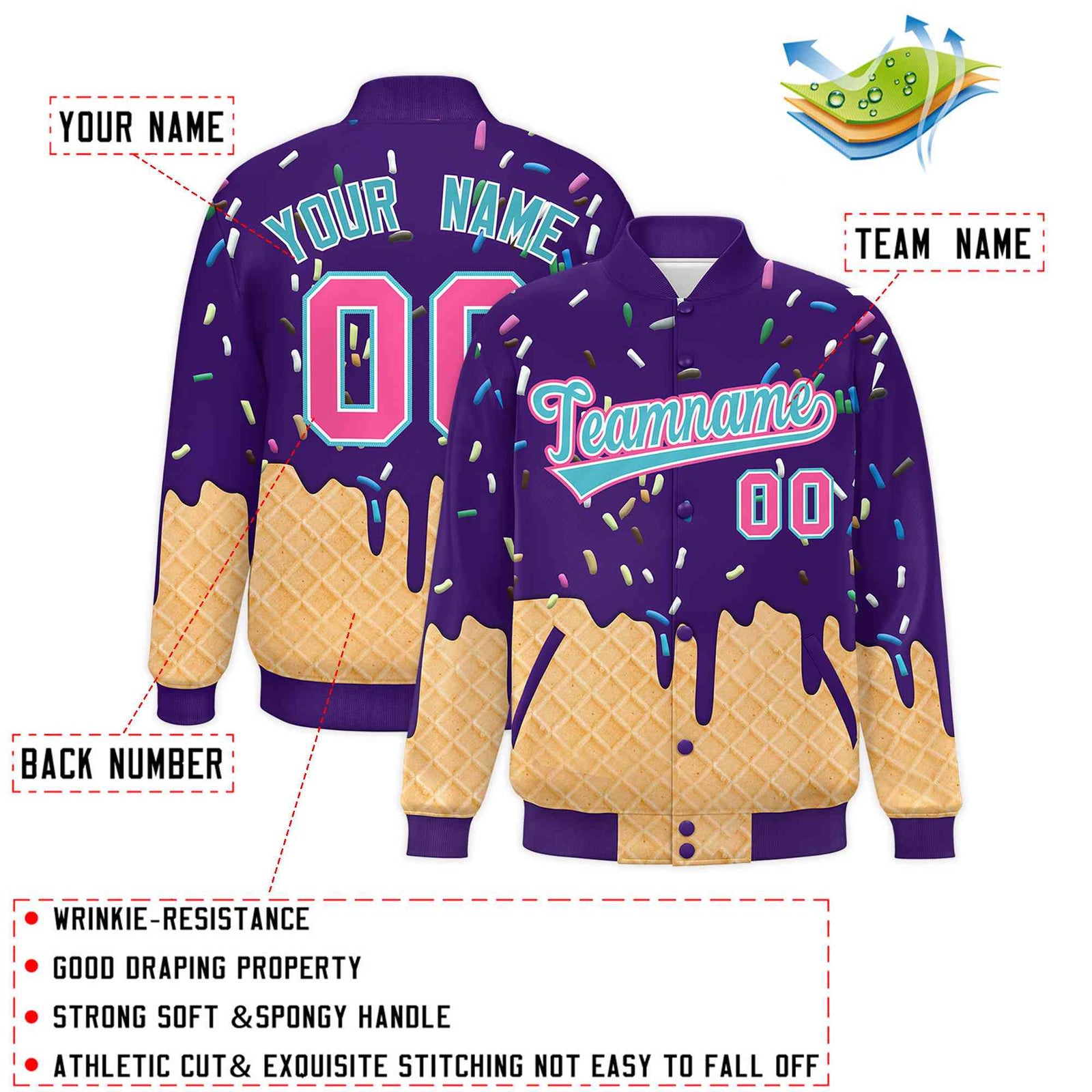 Custom Purple Ice Cream Cone Graffiti Pattern Full-Snap Varsity Letterman Jackets| KXKSHOP
