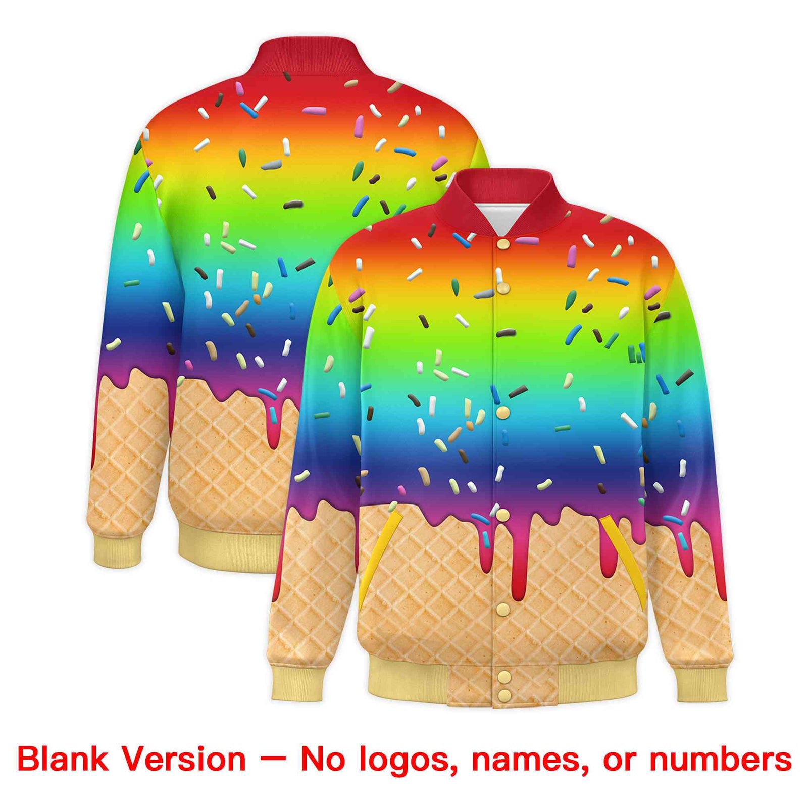 Custom Rainbow Ice Cream Cone Graffiti Pattern Full-Snap Varsity Letterman Jackets| KXKSHOP