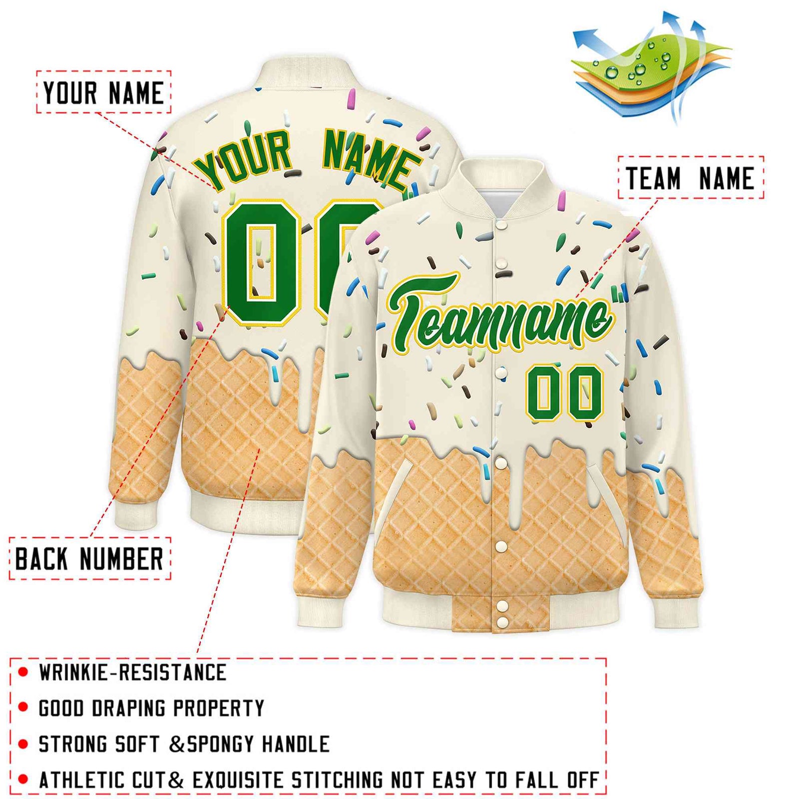 Custom Cream Ice Cream Cone Graffiti Pattern Full-Snap Varsity Letterman Jackets