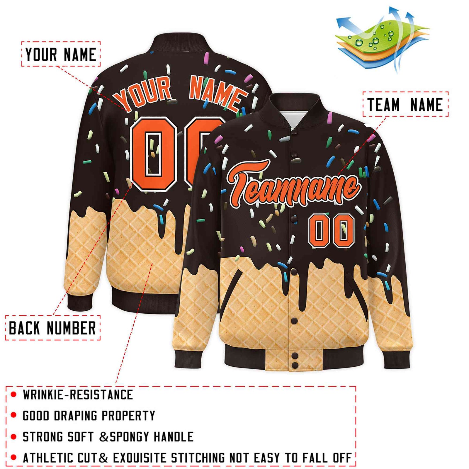 Custom Brown Ice Cream Cone Graffiti Pattern Full-Snap Varsity Letterman Jackets